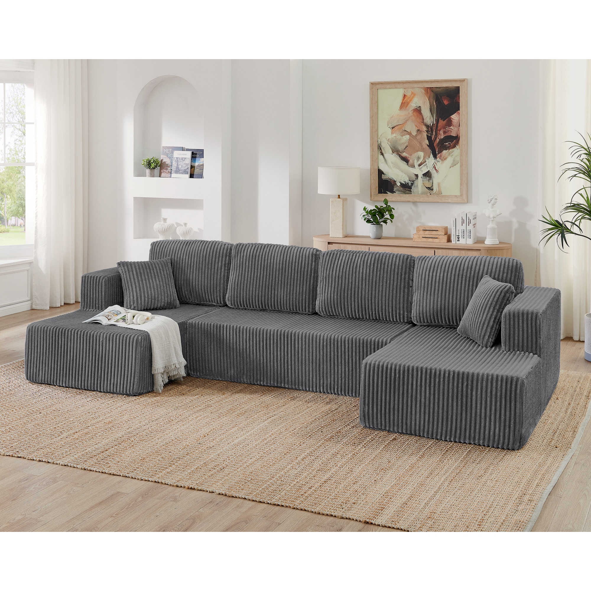 LOVMOR SF-WO-W487S00275 U shape Modular Sectional Sofa Compressed Sectional Sofa Modern Minimalist Style Corduroy Couch Sleeper Sofa for Living Room Bedroom Comfy Compressed Sofa Couch Space Efficient Design grey