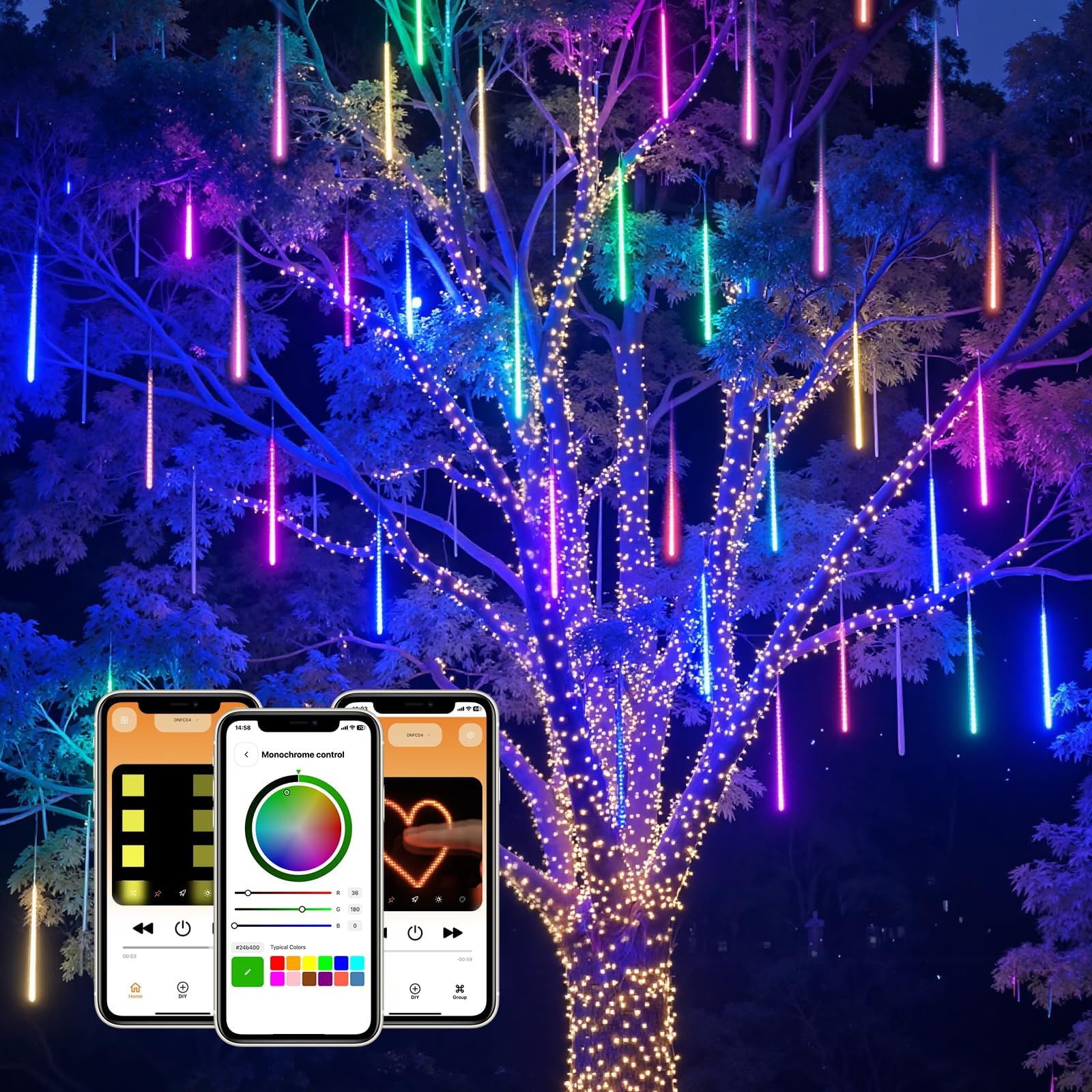 Vrbgify Smart Meteor Shower Lights Outdoor 16 Tube 256 LED 24 ft Color Changing Icicle Christmas Lights APP Controlled RGB Waterproof for Roof #LVG0708V012