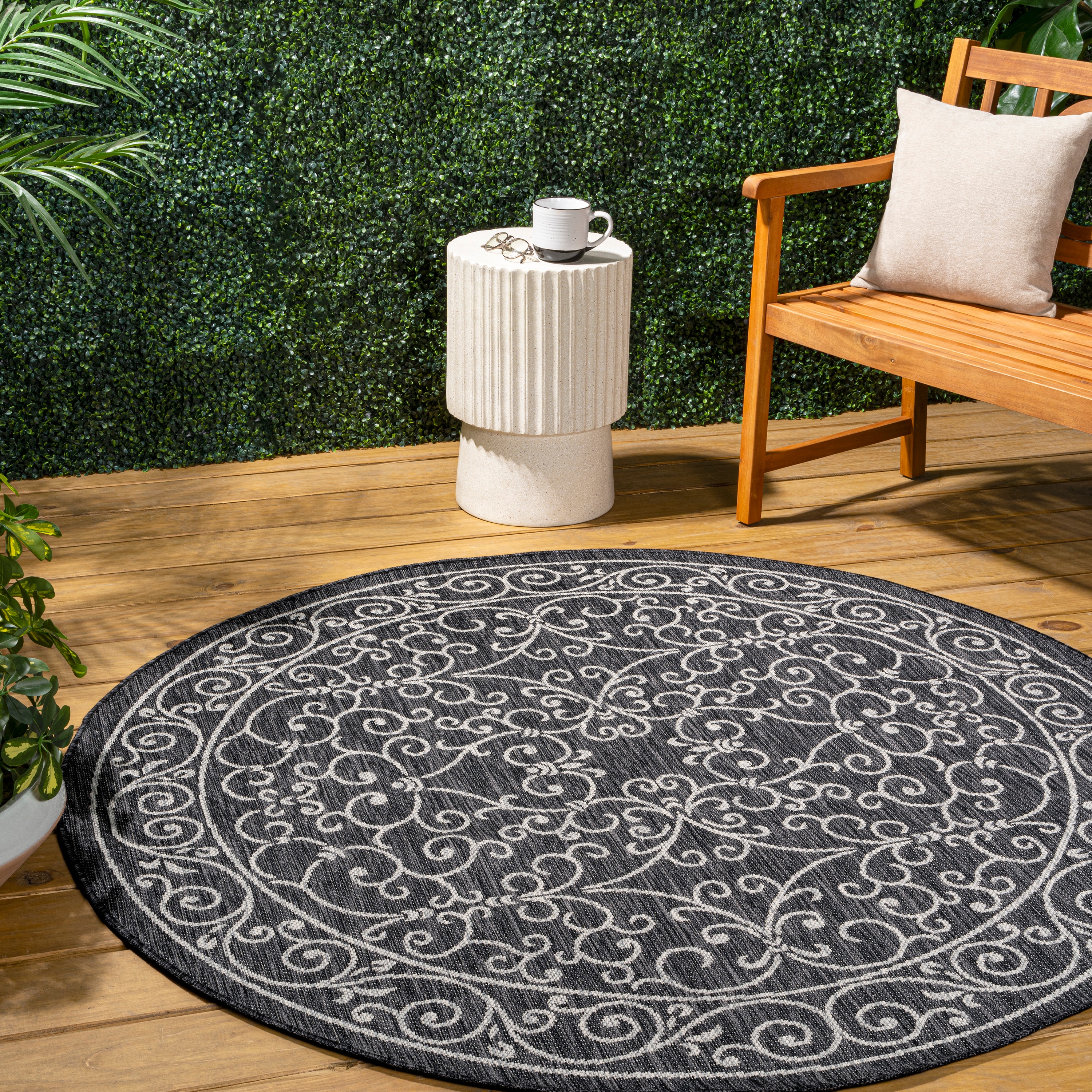JONATHAN  Y SMB106G-6R SANTA MONICA Charleston Vintage Filigree Textured Weave 6 x 6 (ft) Polypropylene Black/Gray Round Indoor Medallion Bohemian/Eclectic Area rug