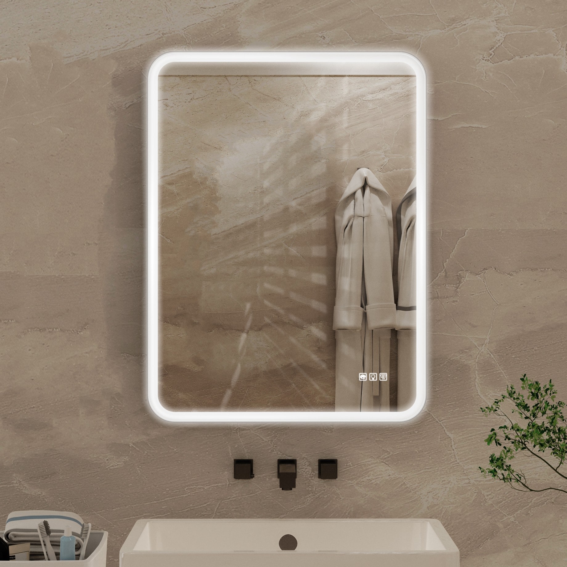 AAZJ X4P195762 Bathroom Mirrors 24-in x 32-in Framed Rectangle Dimmable LED Lighted Fog Free Bathroom Vanity Mirror ( Matte White )