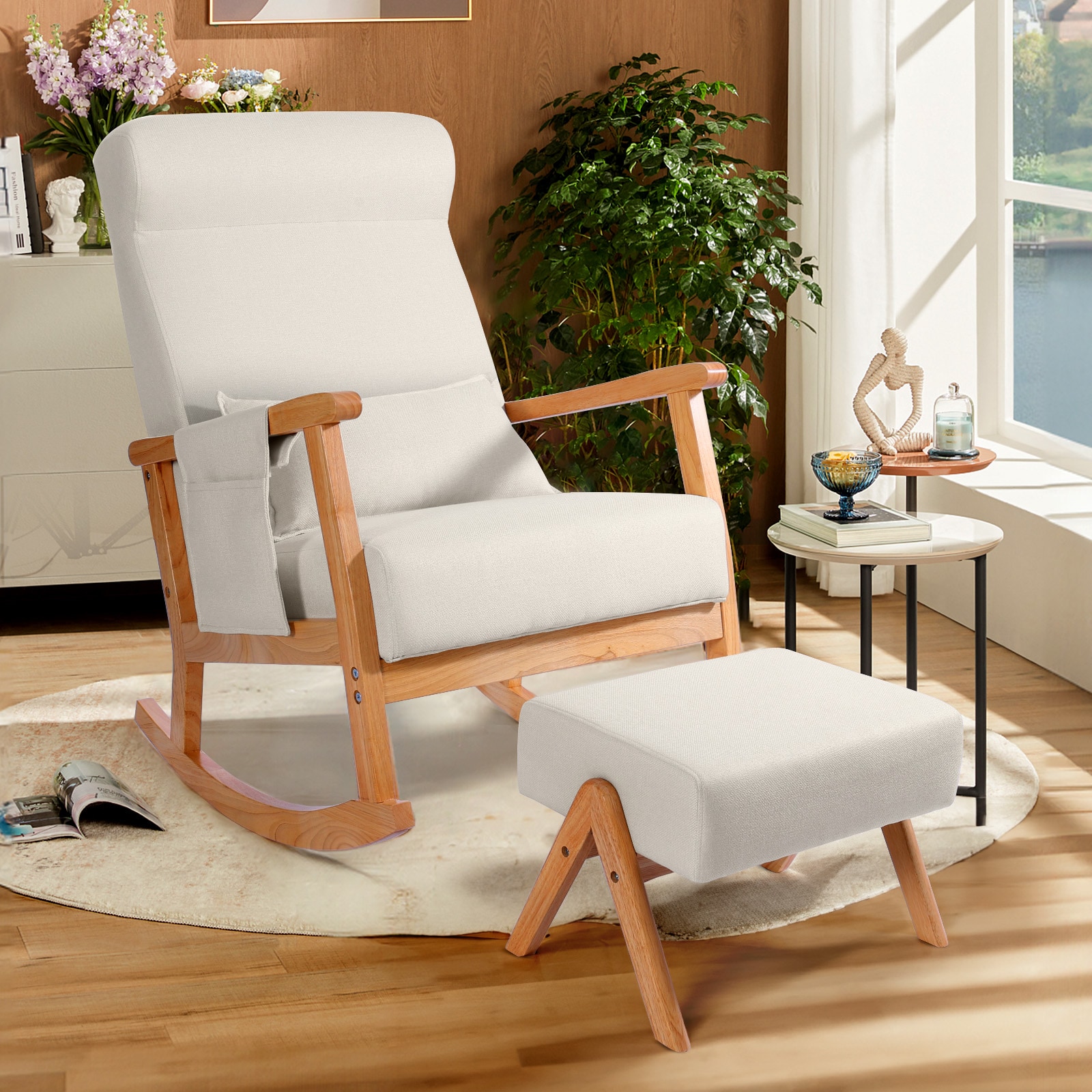 NOBLEMOOD LS-1018YM 25.3-in W Midcentury Burlywood Frame Linen Rocking Armchair