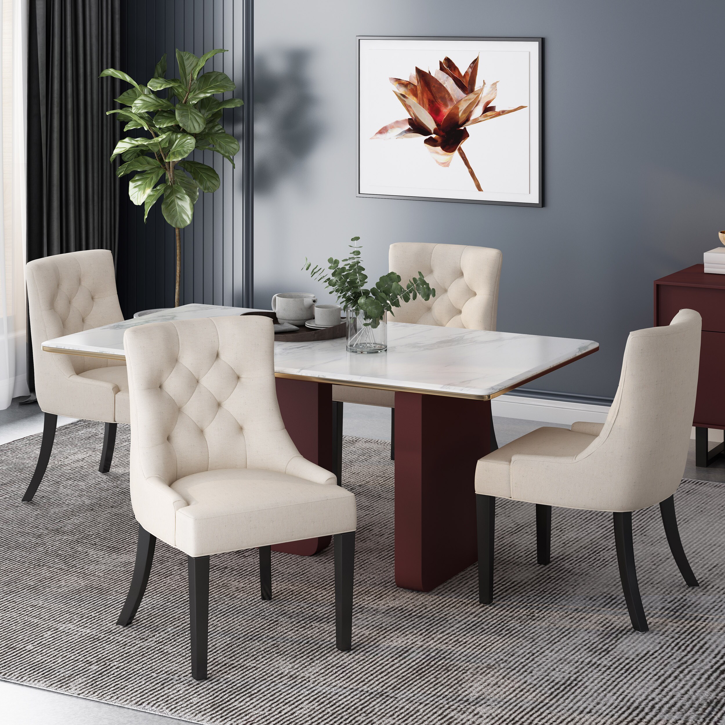 Beige Tufted Upholstered Side Chairs with Wood Legs, Set of 4