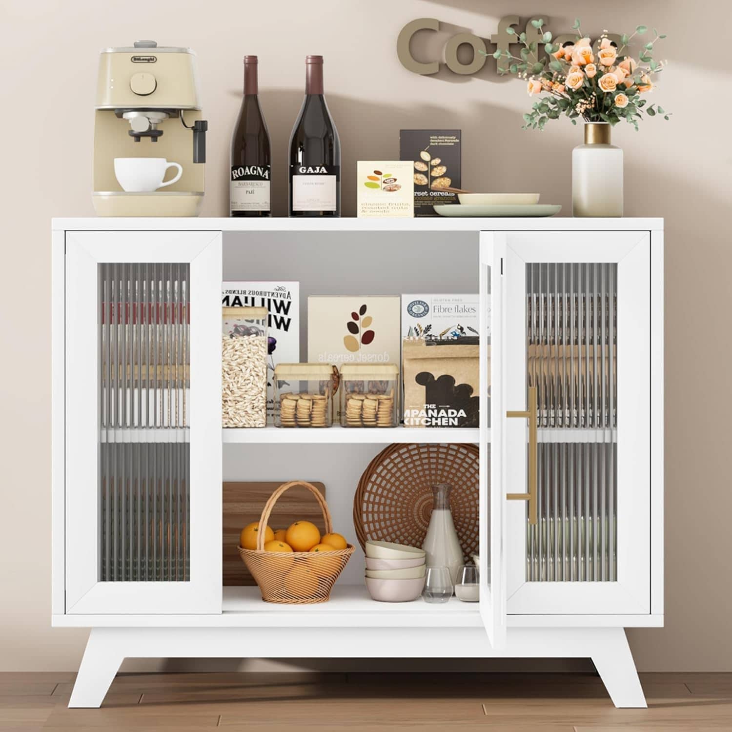 Qeetex AWEPHO10EKPB2H 36 Inch Small Buffet Storage Cabinet with Adjustable Shelf and Fluted Glass Door Mid-Century Modern Design