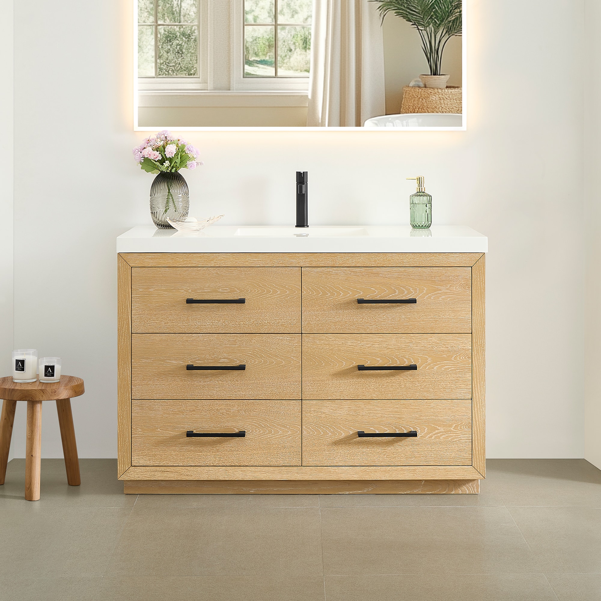 Altair 579048-WO-WH-NM Sigrid 48-in White Oak Single Sink Bathroom Vanity with White Engineered Stone Top