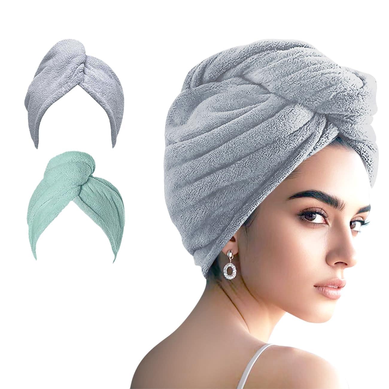 Vrbgify  Microfiber Hair Drying Towel Wrap for Women Soft Absorbent Hair Turban for Wet Hair Quick Dry Machine Washable Gray Light Green 2 pcs