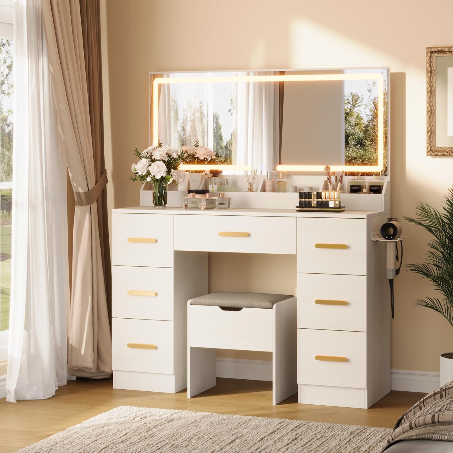 Qeetex DHZ-PHK-345PRBK8 Vanity Desk with Large Mirror and Lights 45.9 inch Makeup Vanity Desk 3 Lighting Modes Adjustable Brightness Vanity Table with Power Outlet and 8 Drawers for Powder Room and Bedroom