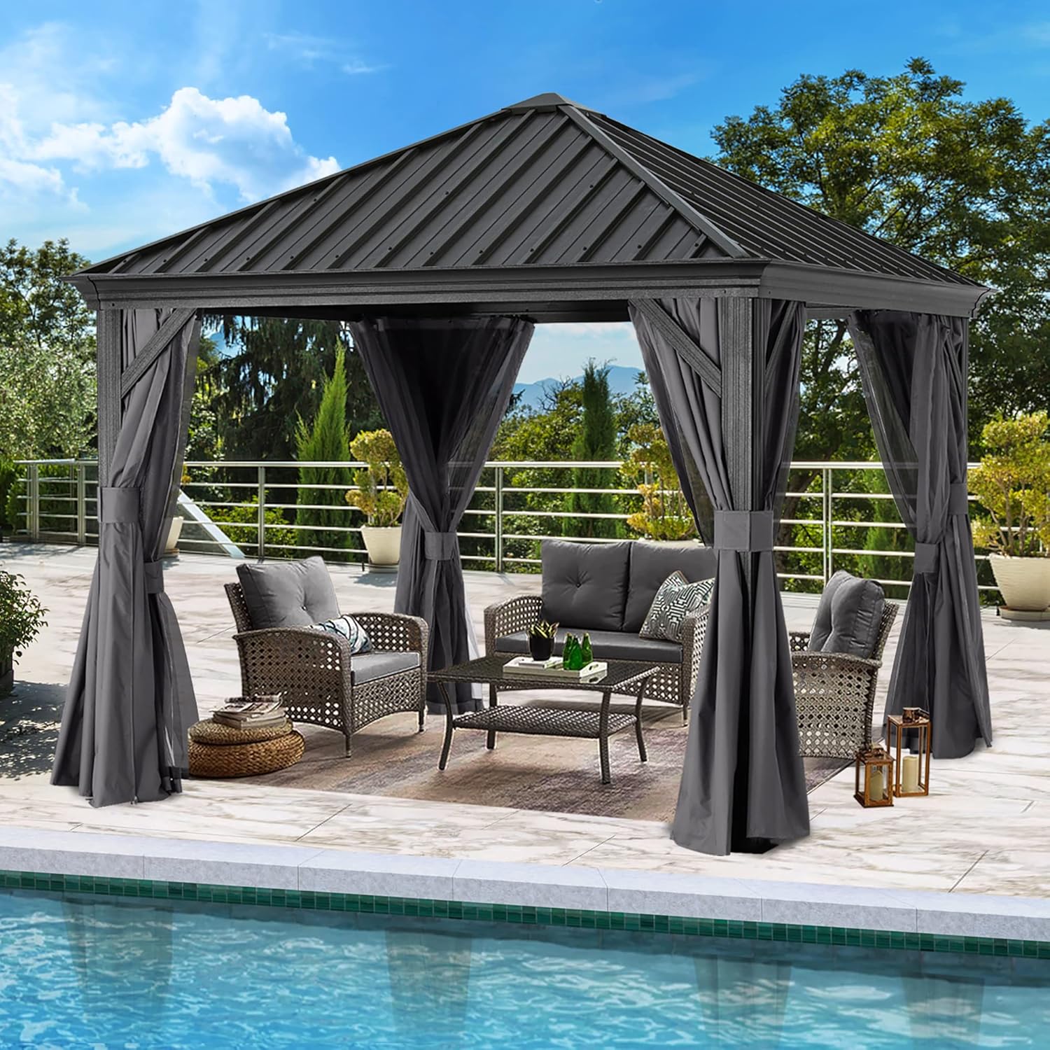 ABCCANOPY ABC-BTPDG-KZN Hardtop Gazebo 10x10 Outdoor Metal Hard Top Gazebo Permanent Galvanized Steel Aluminum Framed Pavilion with Netting and Curtain for Patio Backyard Lawn Garden Single Roof Gray