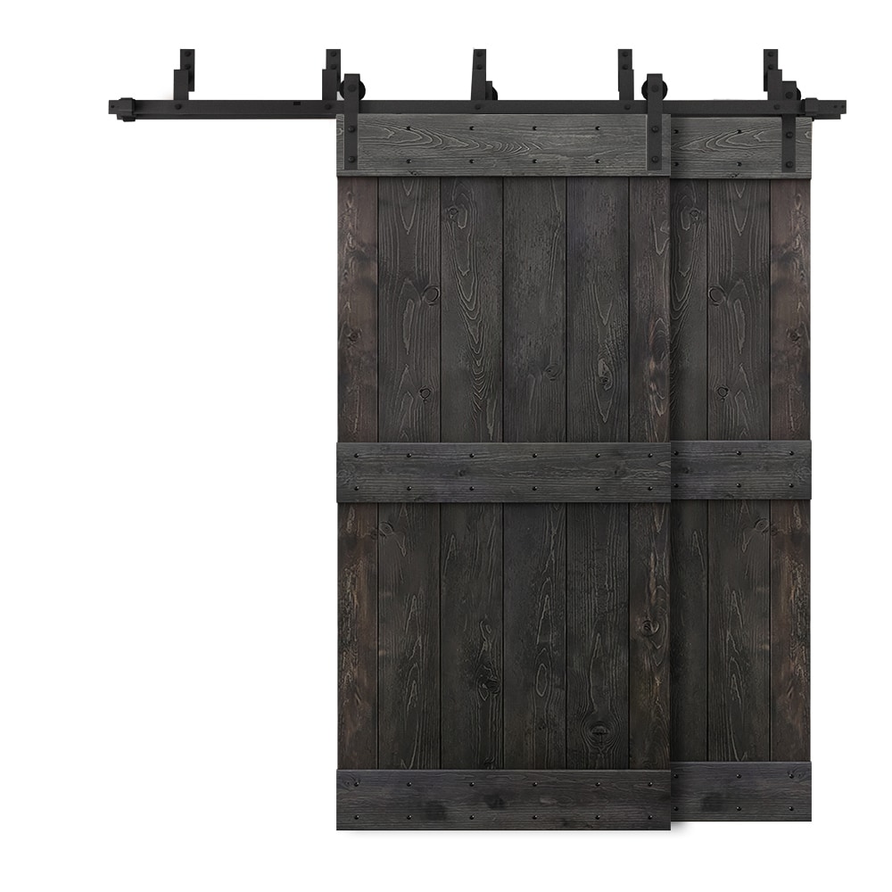 CALHOME 5XBP+S72+(2)03-28DT 56-in x 84-in Charcoal Black Knotty pine Wood Solid core Double Bypass Barn Door (Hardware Included)
