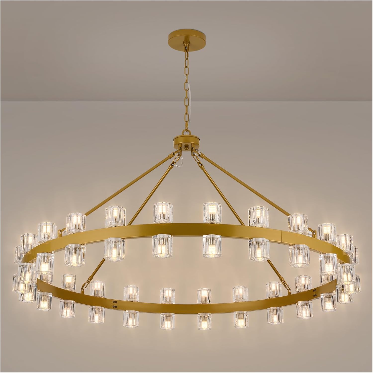 Mektix 48 inch copper colored carriage wheel chandelier with crystal shades  48 lights  modern farmhouse style perfect for dining rooms  kitchens and entryways