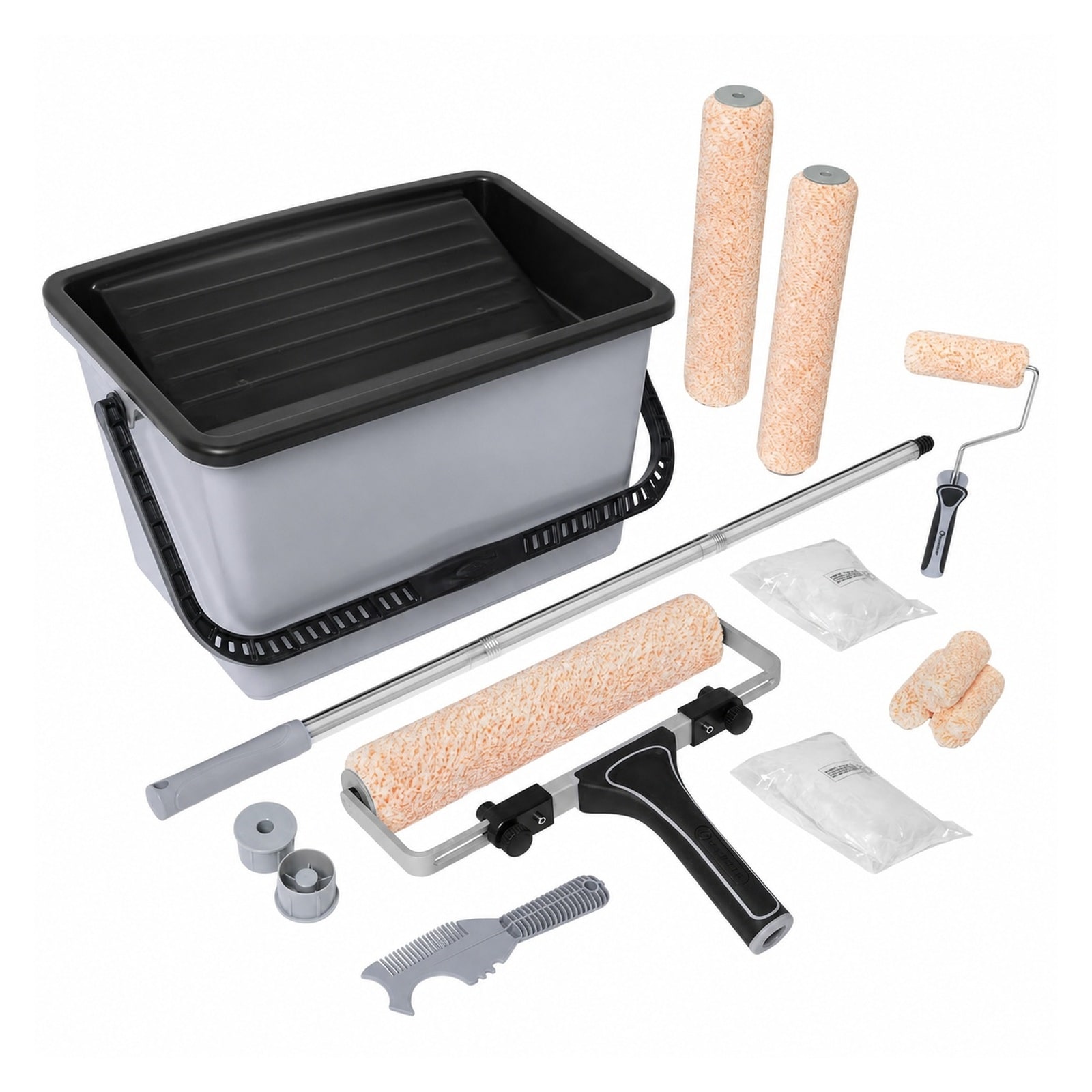 Phyfalip  12 Inch Paint Roller Kit with Large Paint Bucket Adjustable Frame Microfiber Covers Extension Pole and Liners for Walls Ceilings
