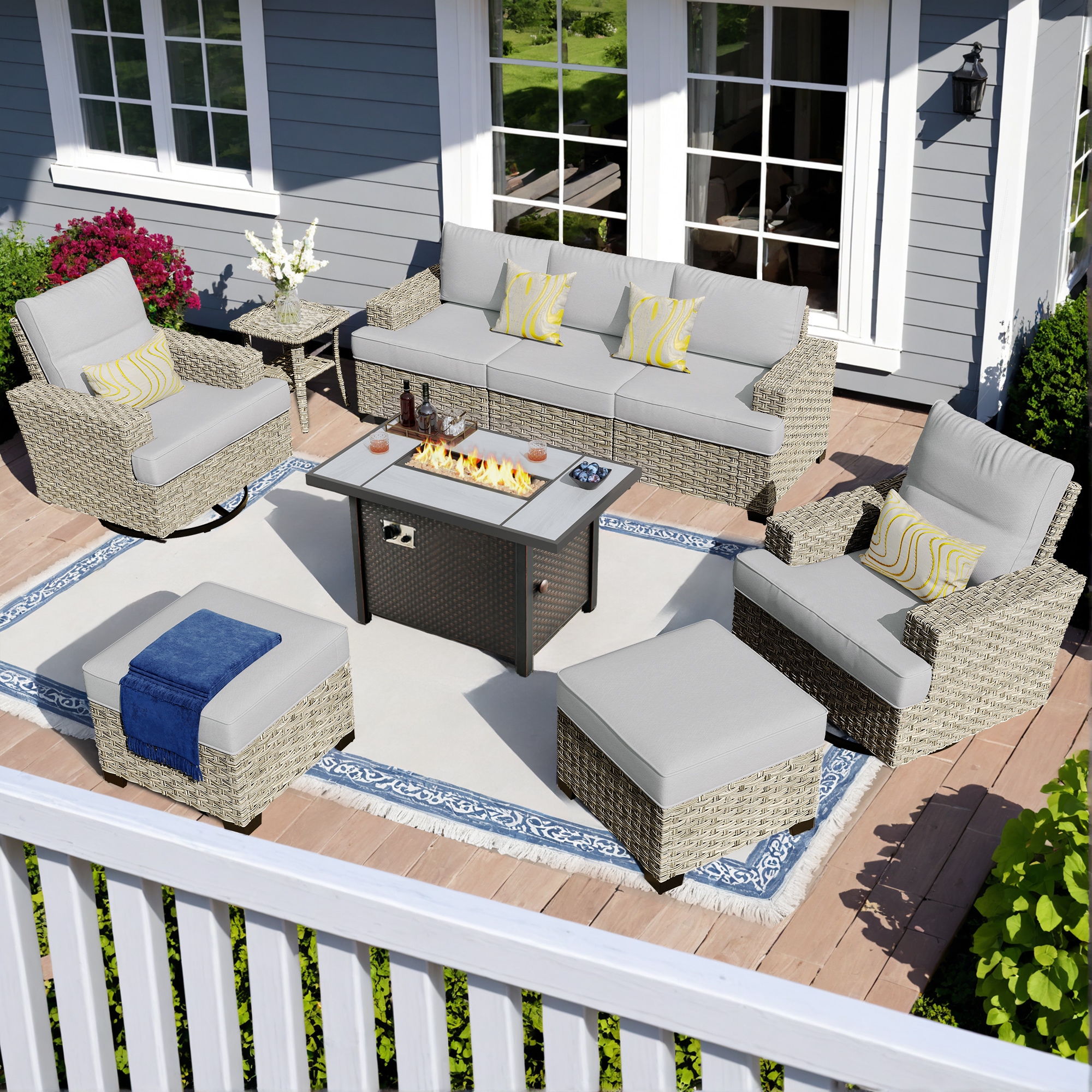 XIZZI XITBS4075-RC3IFP Agate 7 -Piece Rattan Patio Sofa Conversation Set with Light Gray Cushions