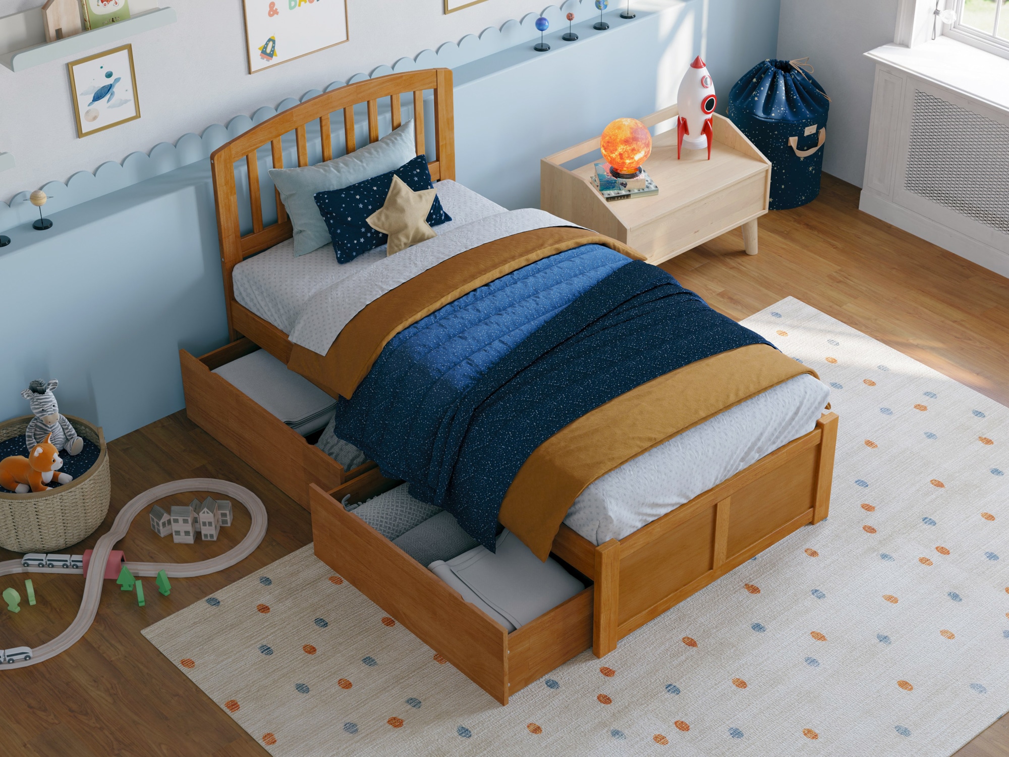 Light Toffee Twin Wood Platform Bed with Storage Drawers
