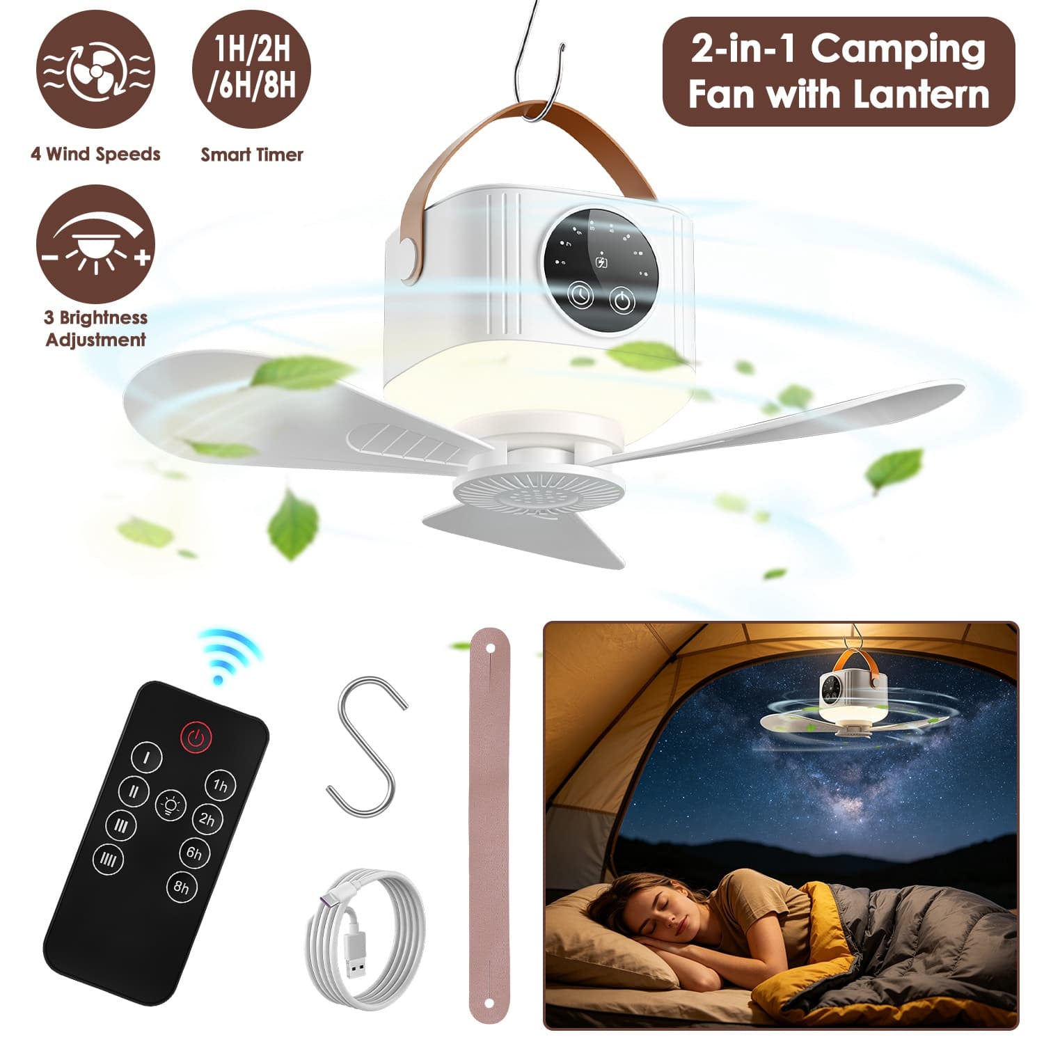 OGETFUUR 2-in-1 Camping Ceiling Fan with LED Lantern and 7200mAh Rechargeable Battery for Wireless Camping Fan with Timer Function and Remote for Tent Gazebo RV Canopy White
