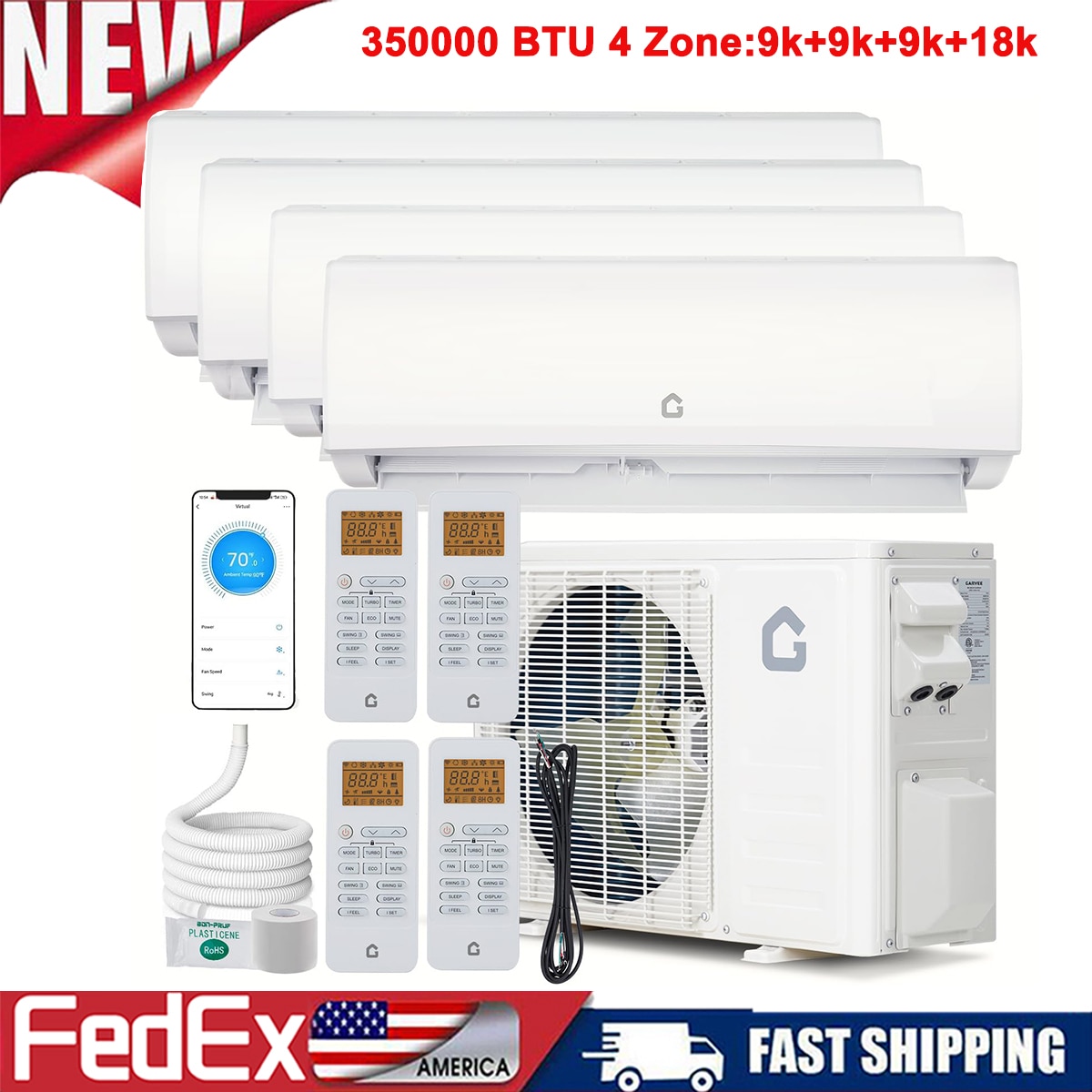 Garvee 35000 BTU Quad 4 Zone (9000+9000+9000+18000 BTU) Mini Ductless Split Air Conditioner and Heat Pump w/ 220 Volt