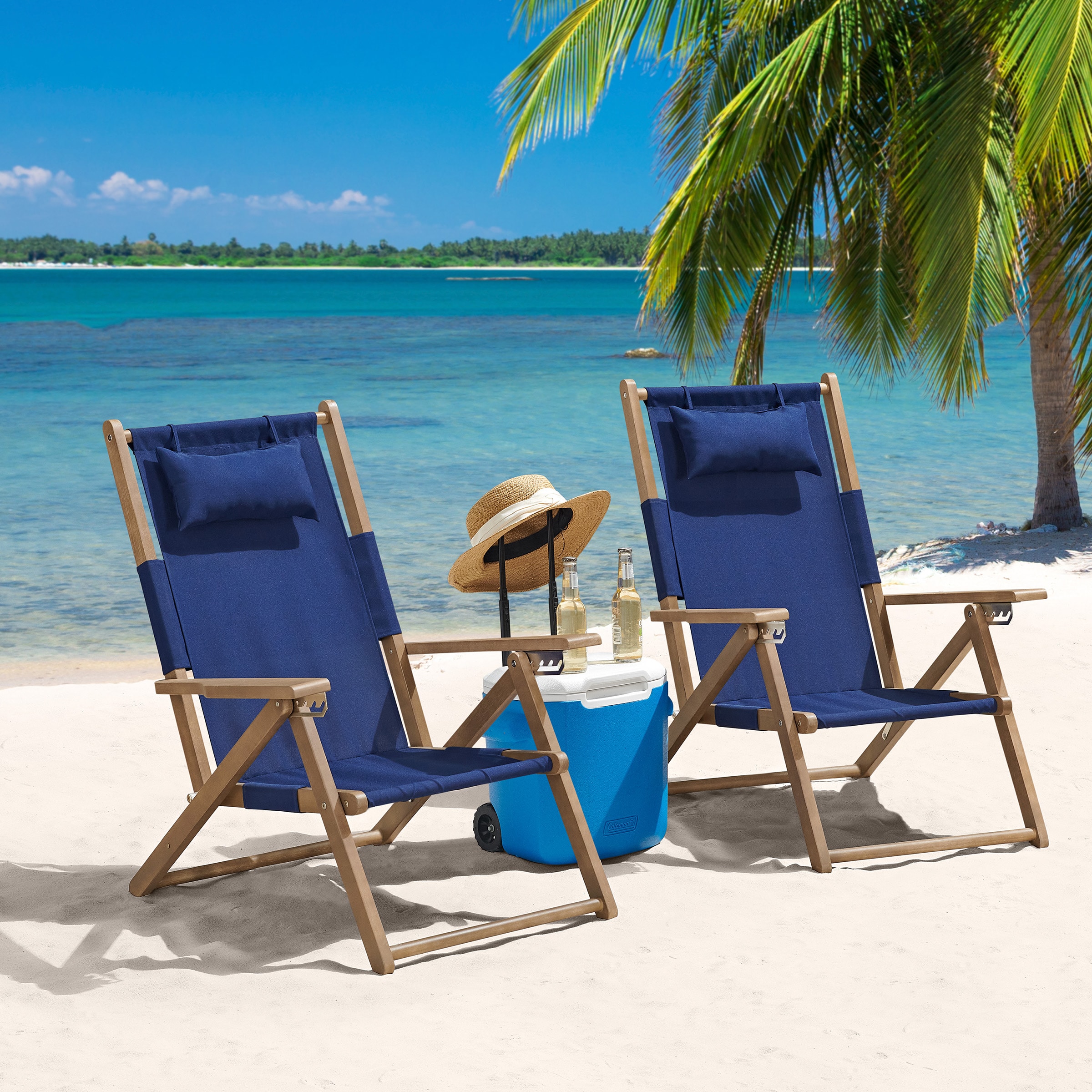 Lavish Home 80-OUTD-FLDBCH-3-2 Polyester Blue Folding Beach chair Adjustable and Carrying Strap/Handle Included