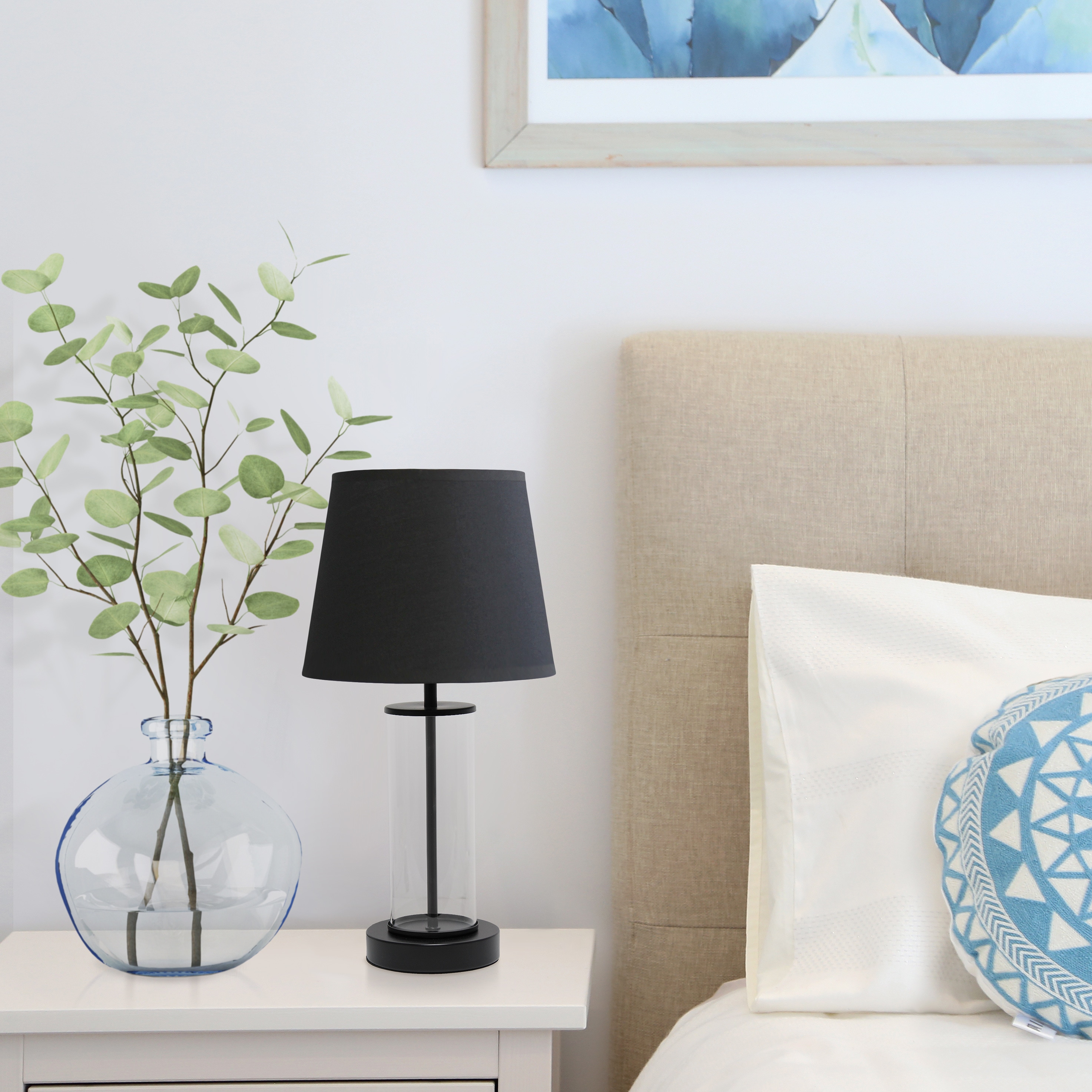 Black Metal and Clear Glass Table Lamp with Fabric Shade