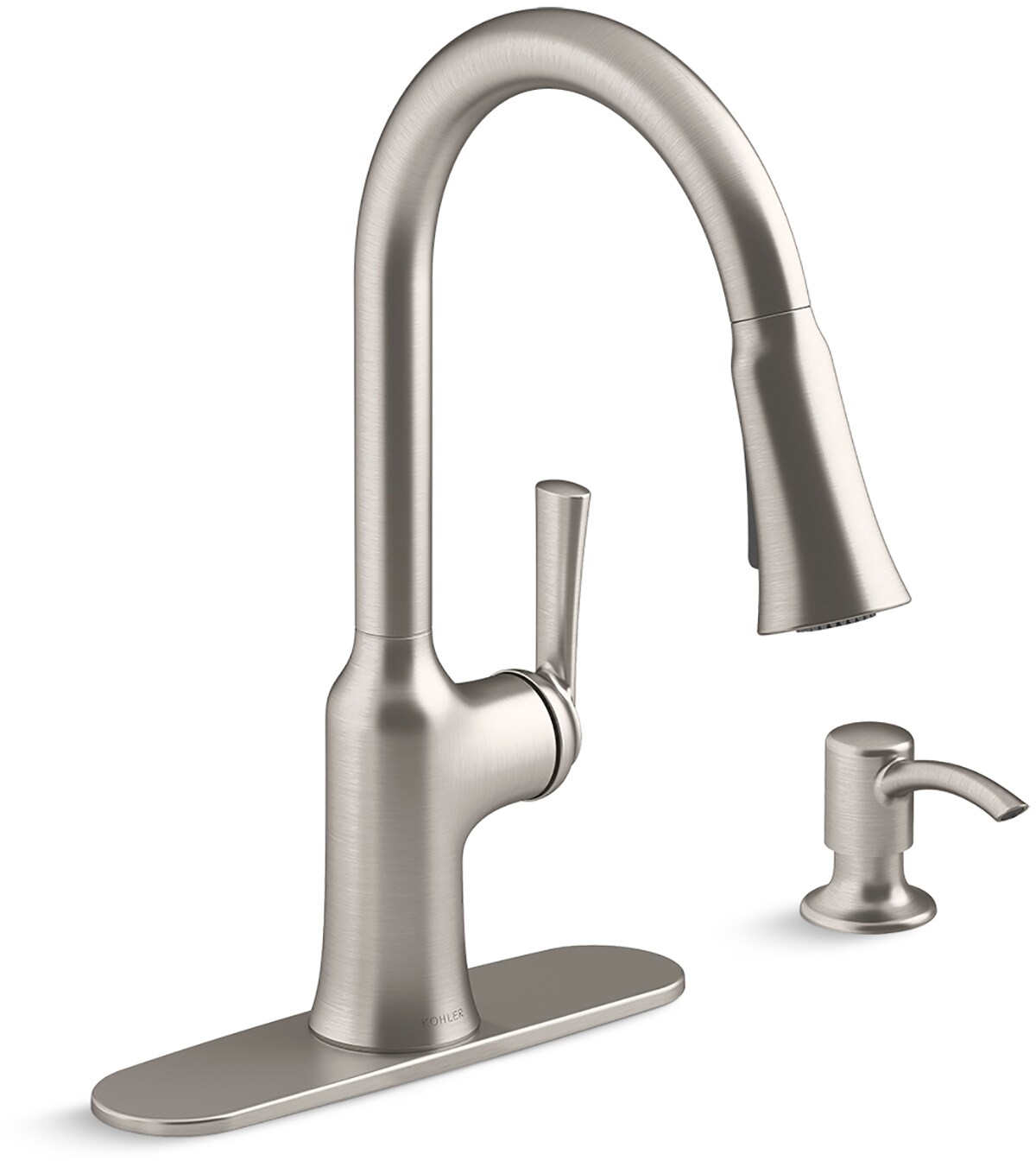 KOHLER R23089-SD-VS Brynn Vibrant Stainless Single Handle Deck-mount Handle Residential Pull-down Kitchen Faucet with Sprayer ( Deck Plate Included ) (Soap Dispenser Included)
