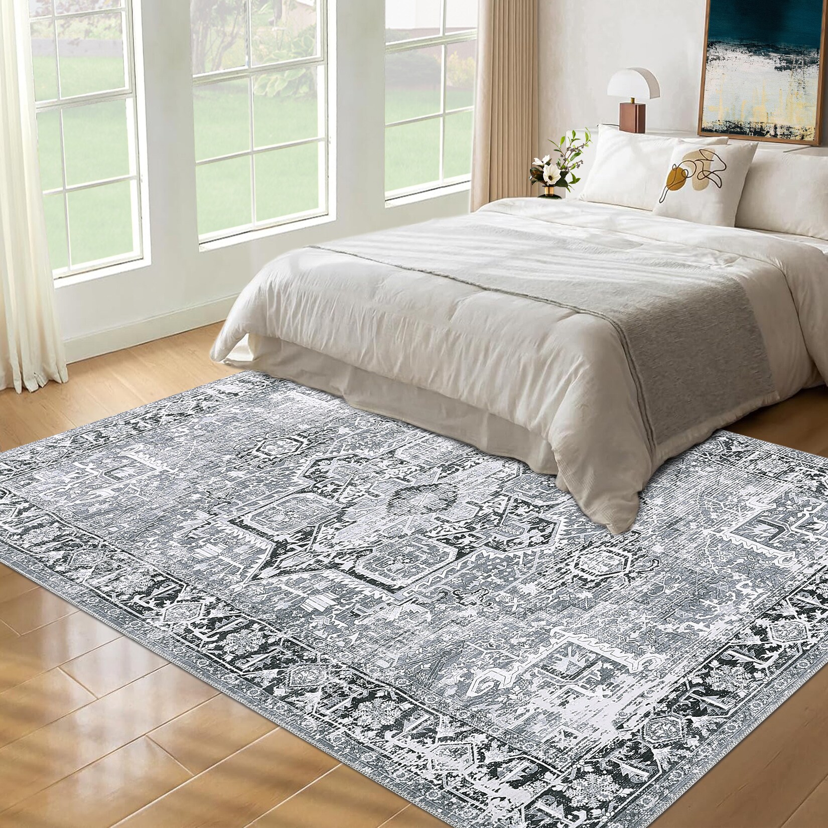 Garvee YXY-LO-PHO-0YGA044A 8 x 10 (ft) Loomed Polyester Gray Rectangular Indoor Floral/Botanical Persian Machine washable Area rug