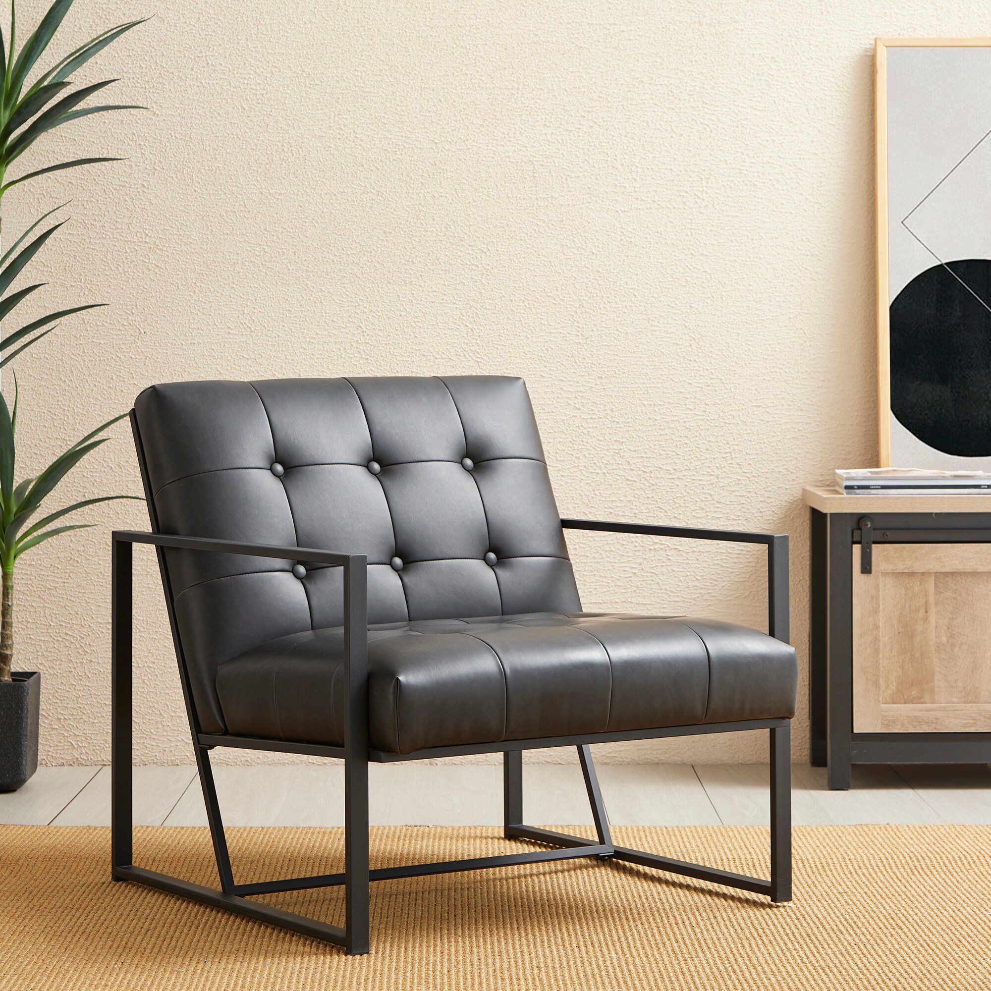 Modern Black Faux Leather Accent Chair with Metal Frame