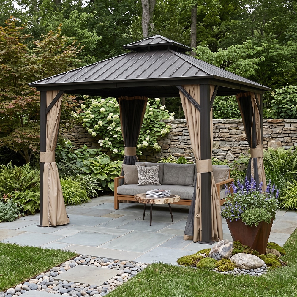 Coolbibila 8 x 8 Hardtop Brown Aluminum Square Gazebo With Galvanized ...