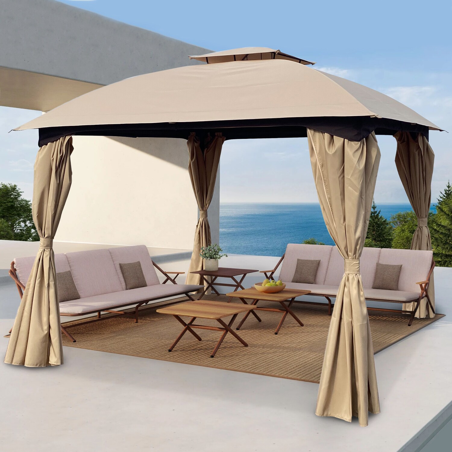 Forclover 10-ft X 10-ft Patio Gazebo With Double Roof Tops And Curtain ...