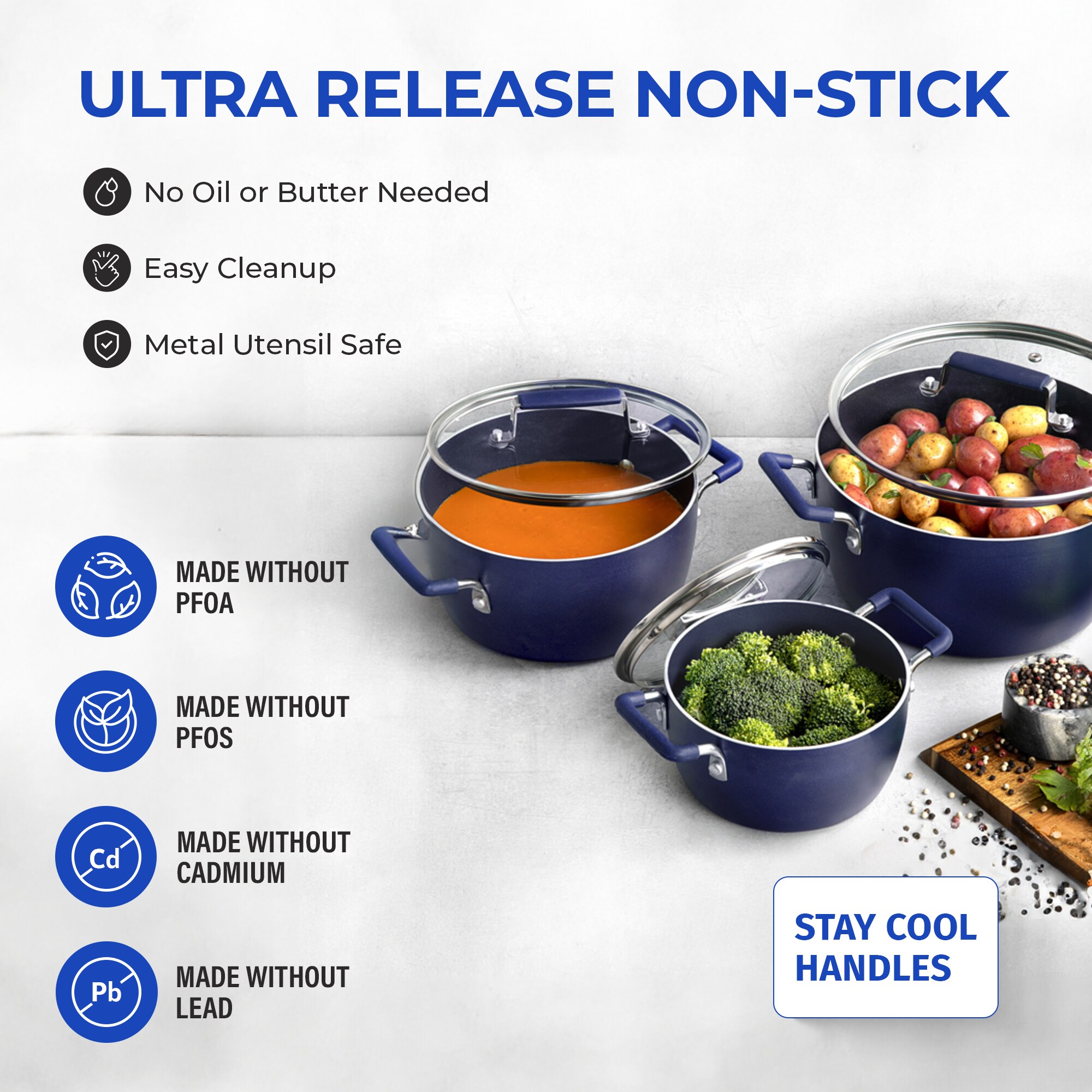 Blue Aluminum Nonstick 6-Piece Stackable Cocotte Set