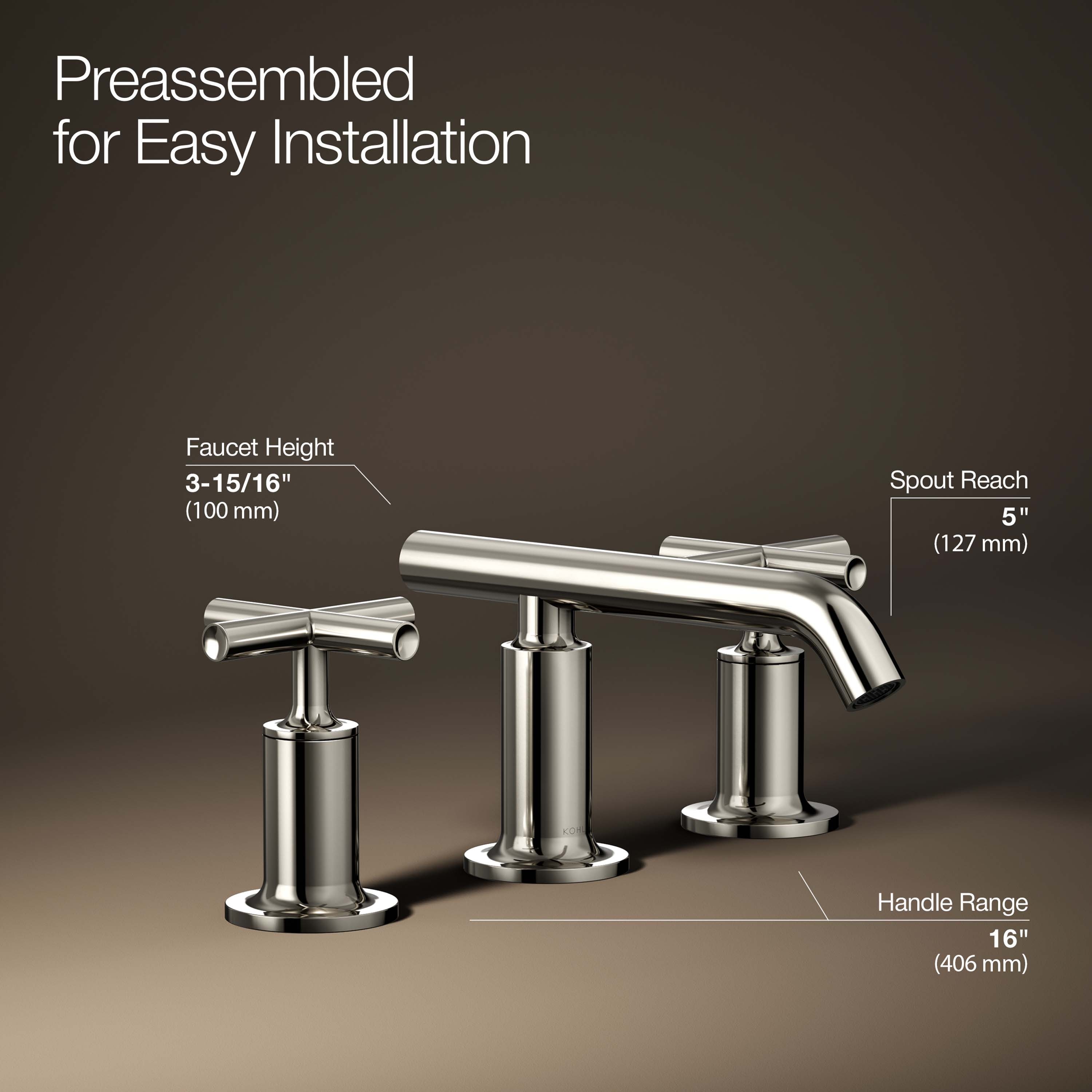 Elegant Purist 8" Widespread Nickel Bathroom Faucet with Low Cross Handles