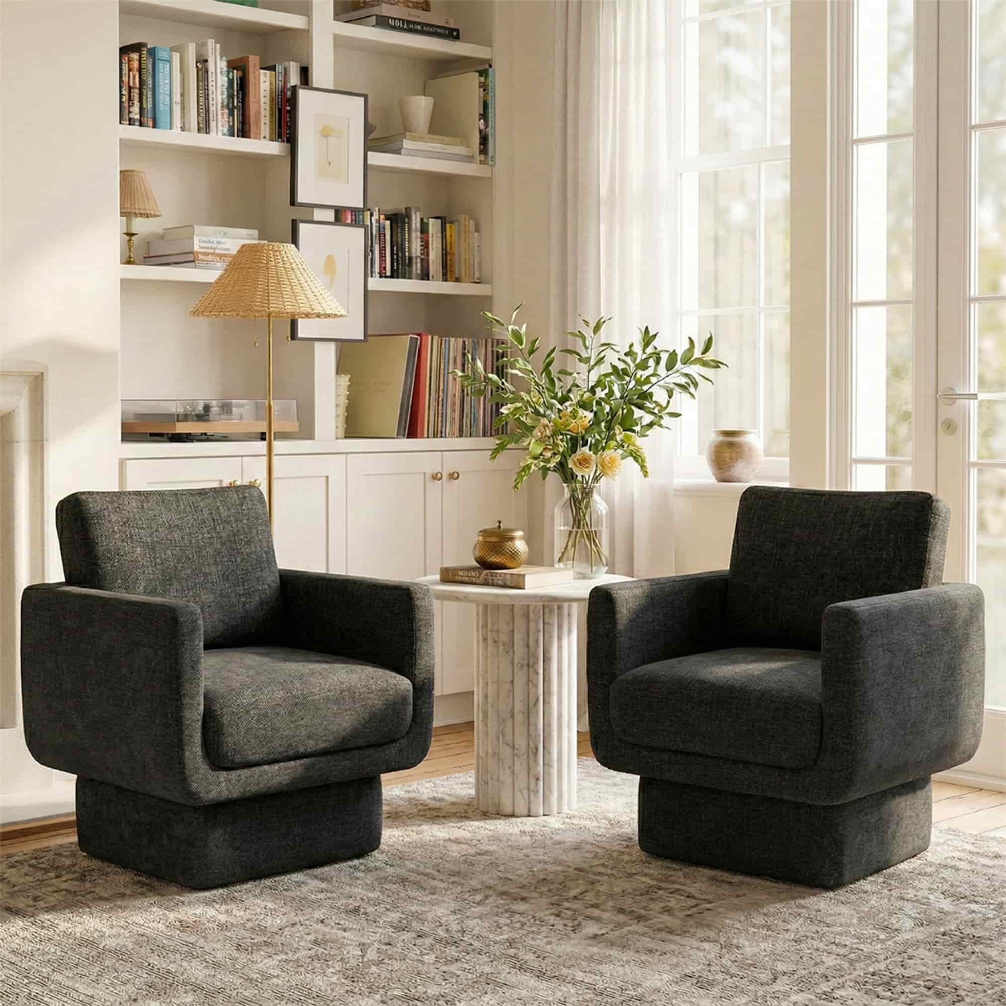 Maison Boucle - Set of 2 Black Upholstered 360 Degree Swivel Accent Chairs with Padded Seat and M...