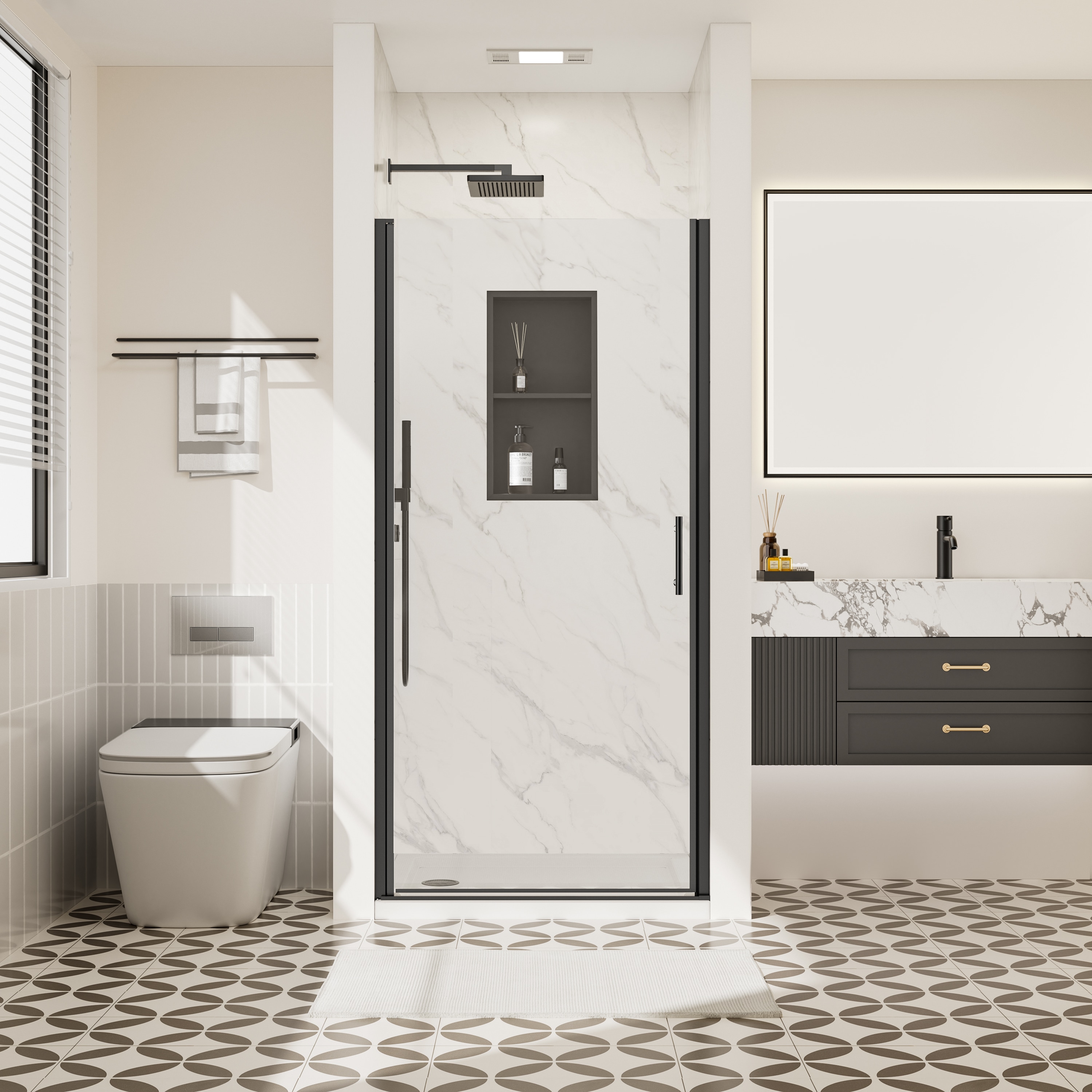 Velusian 30-31 in. W x 72 in. H Pivot Swing Frameless Shower Door with Clear Tempered Glass Matte Black