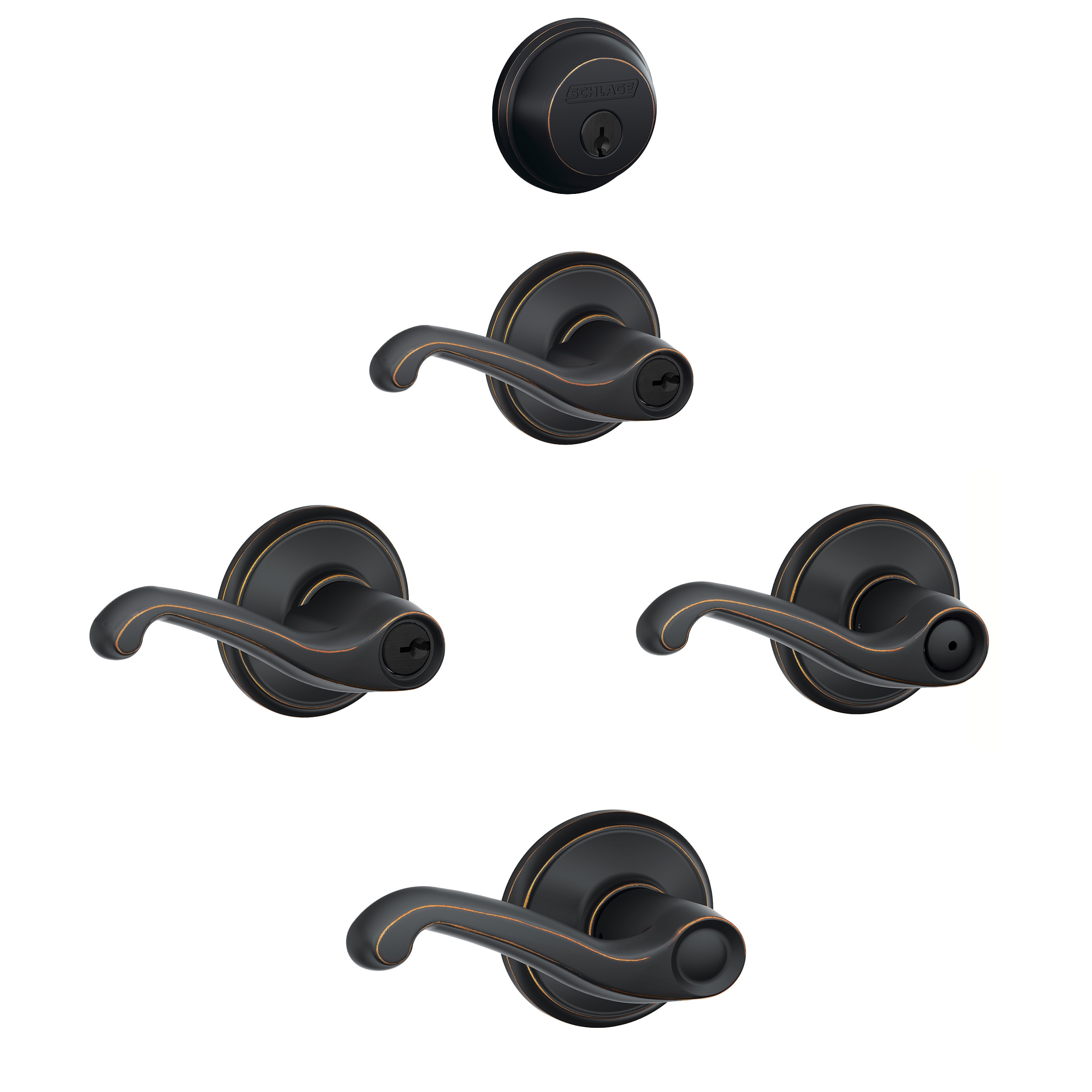 Schlage  Flair Aged Bronze Door Handle and Deadbolt Collection