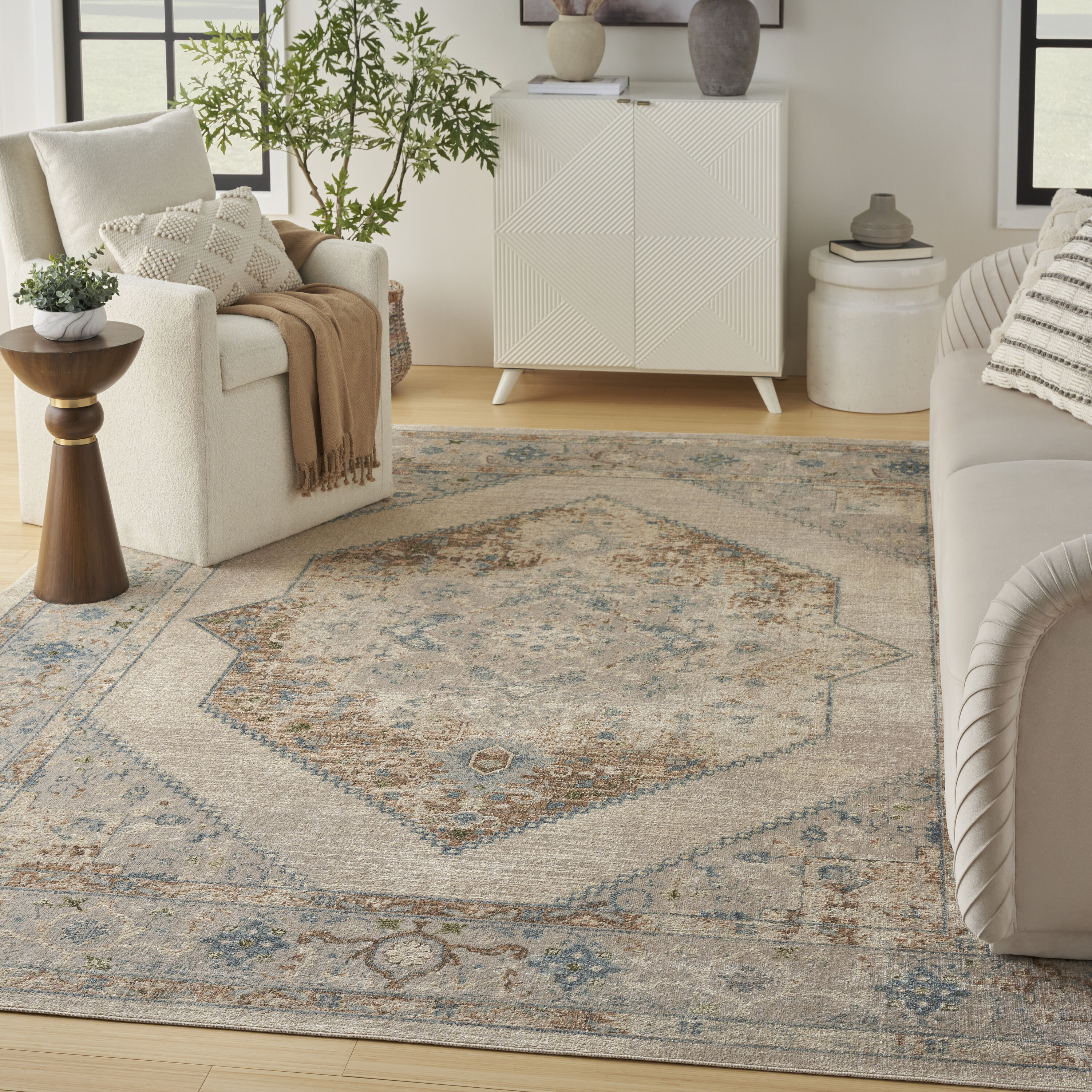 Nourison Home 099446964519 9 x 12 (ft) Loomed Polyester Ivory Blue Rectangular Indoor Abstract Persian Machine washable Area rug