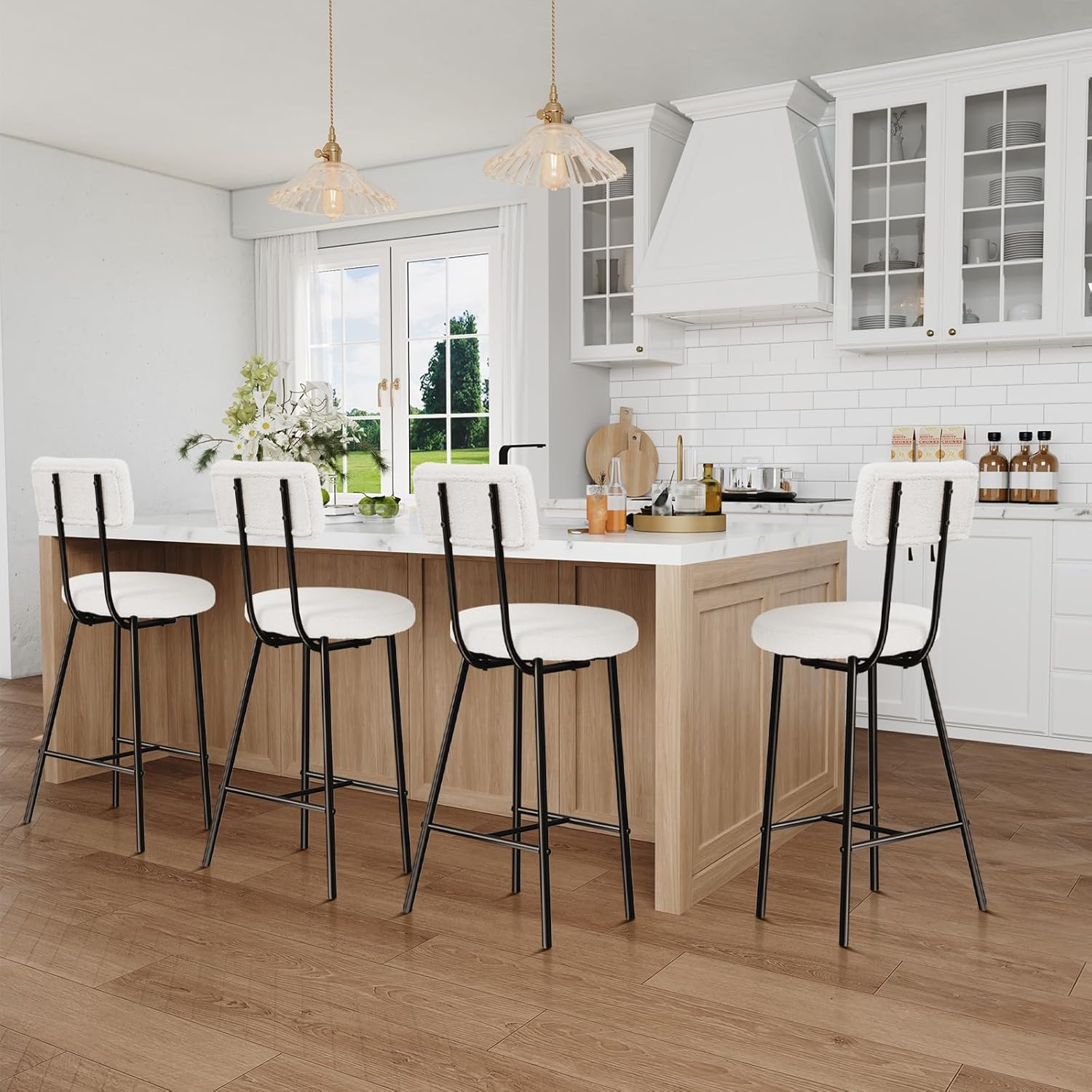 Qeetex LHF-YZ-PHK-335FUFR7 Modern Upholstered Bar Stools Set of 4 - Counter Height Bar Chairs with Round Seat/Back/Footrest for Kitchen Island/Dining Room/Pub - White