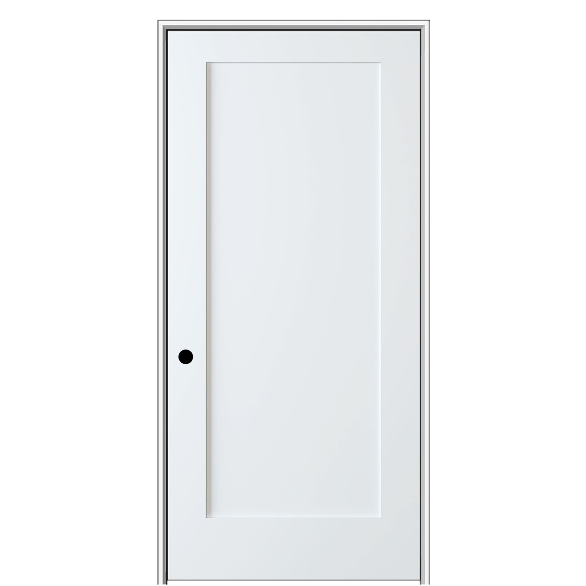 MMI DOOR Z03745761R 32-in x 80-in Primed Solid core 1-panel Right hand Smooth Primed MDF Flat Jamb Single Prehung Interior Door