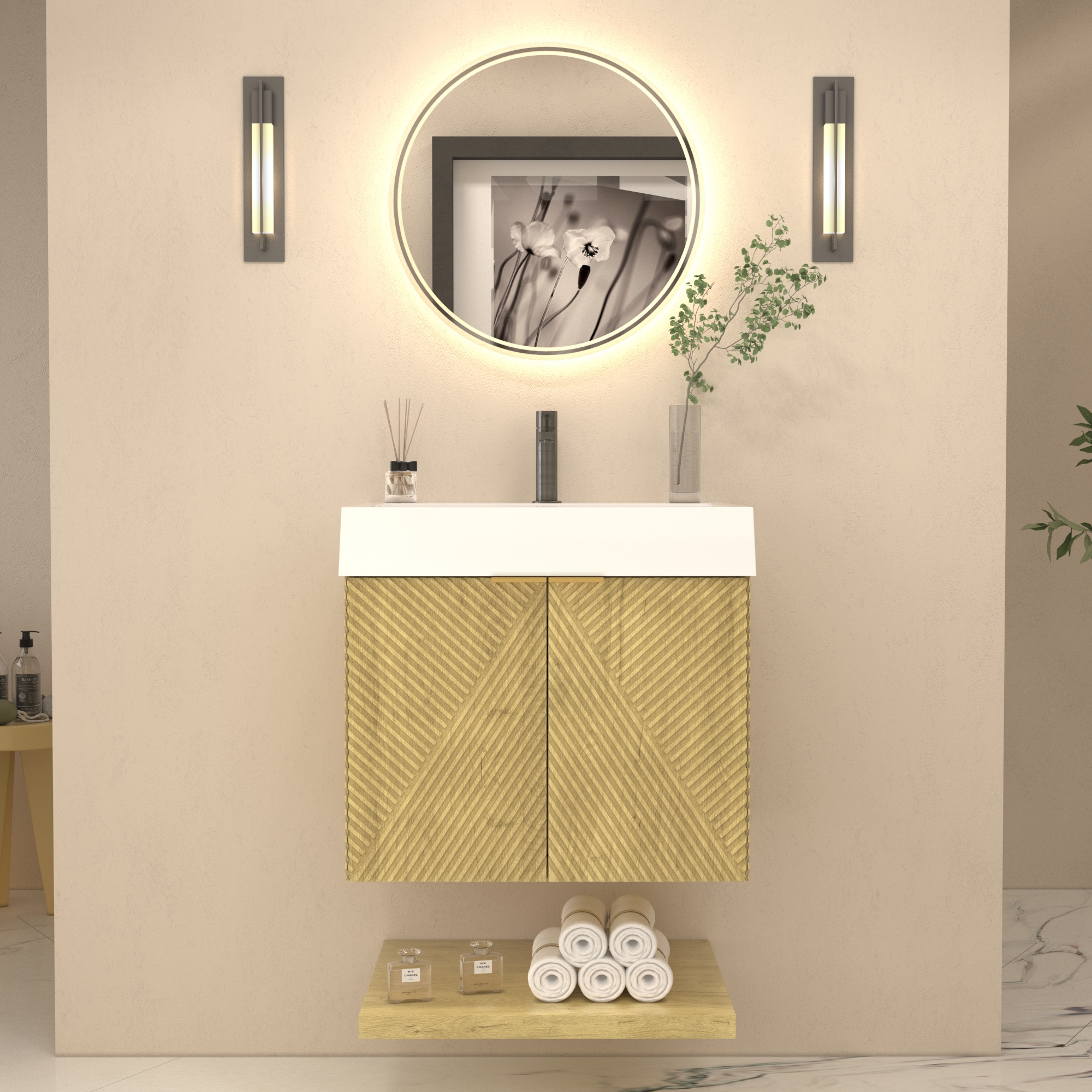 BV Better Vanity MT24-TG Stella 24-in Teak Oak Single Sink Floating Bathroom Vanity with White Acrylic Top