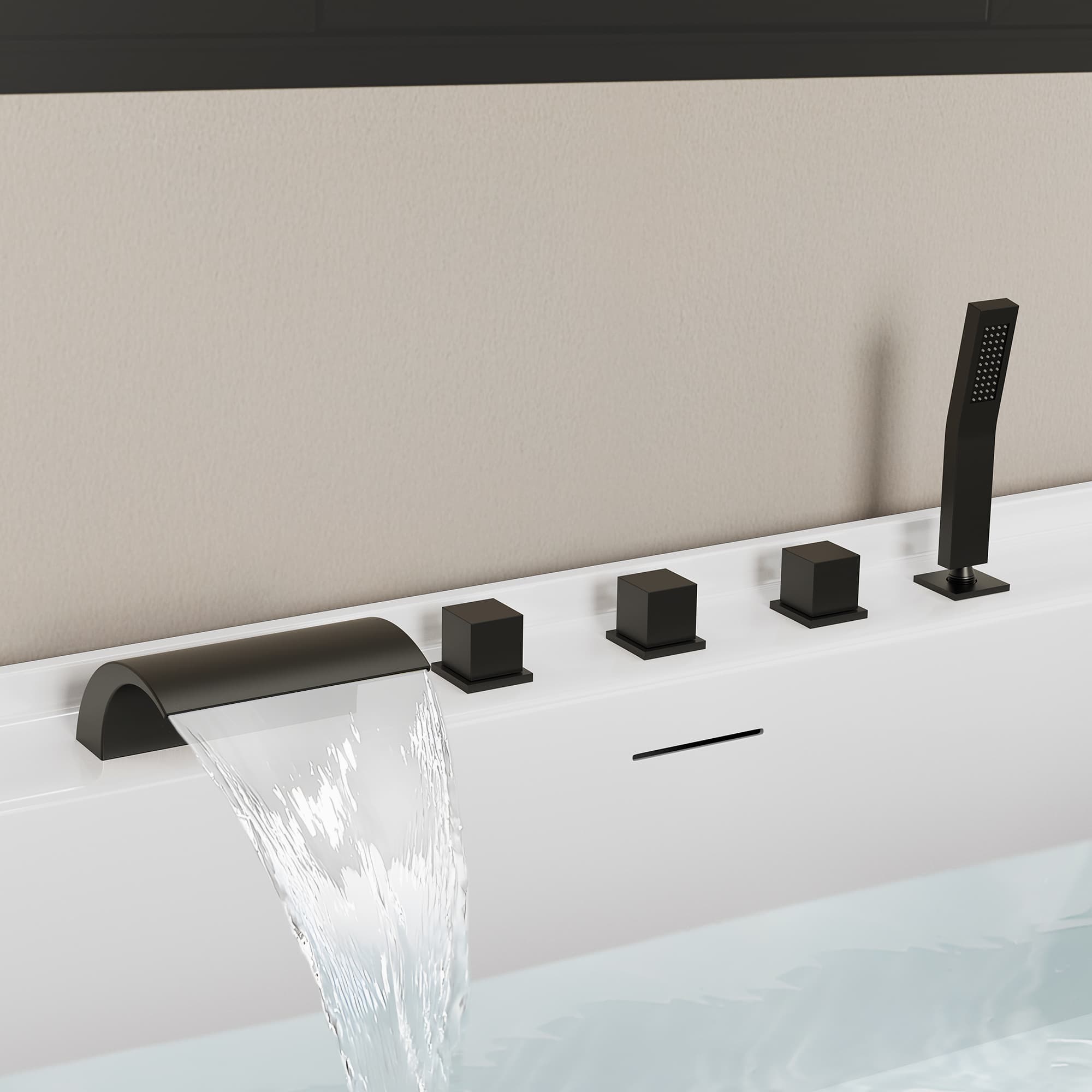 3-Handle Deck-Mount Waterfall Tub Faucet With Hand Shower And Waterfall Spout