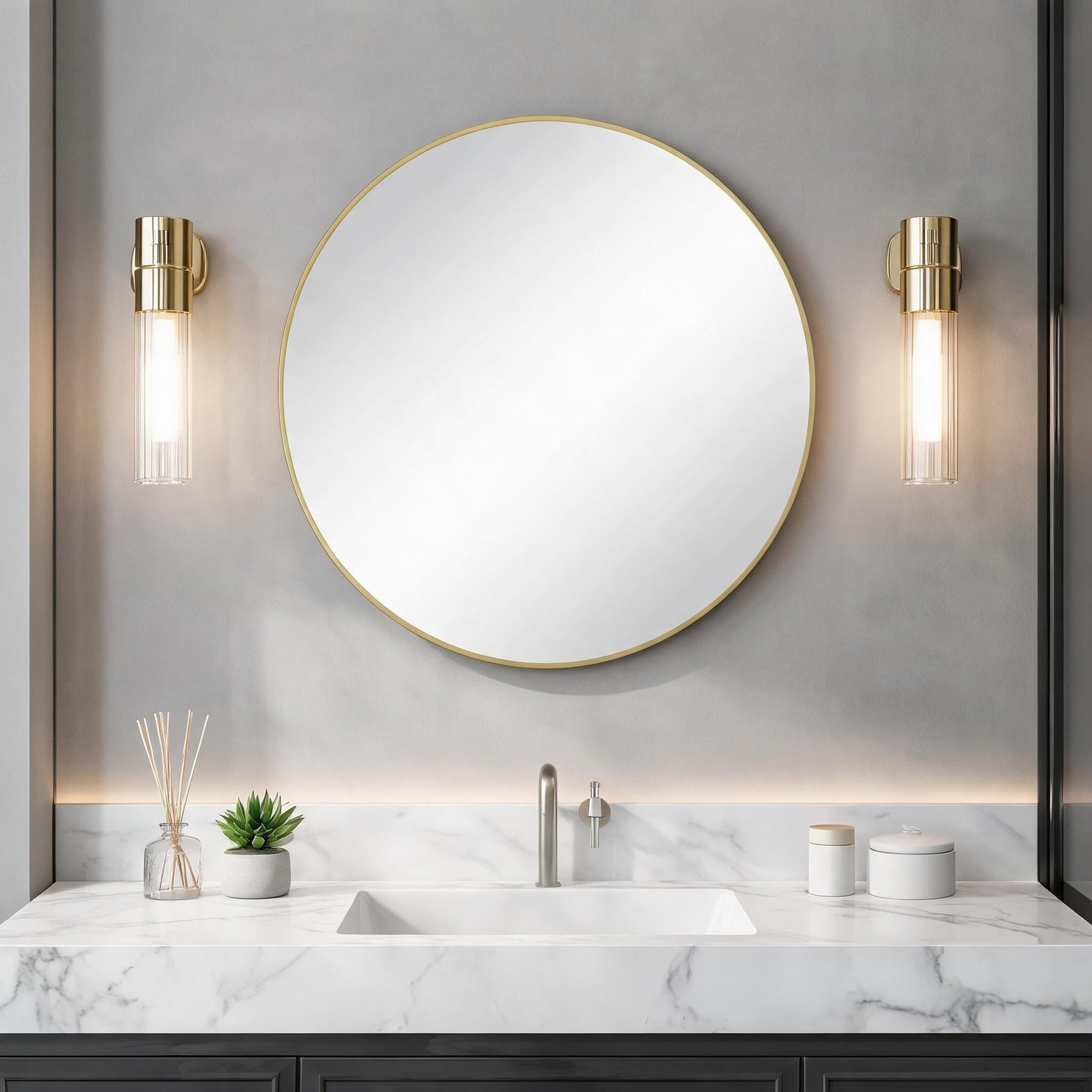 IAK 36 inch Gold Metal Framed Round Wall Mirror with Contemporary Circular Design