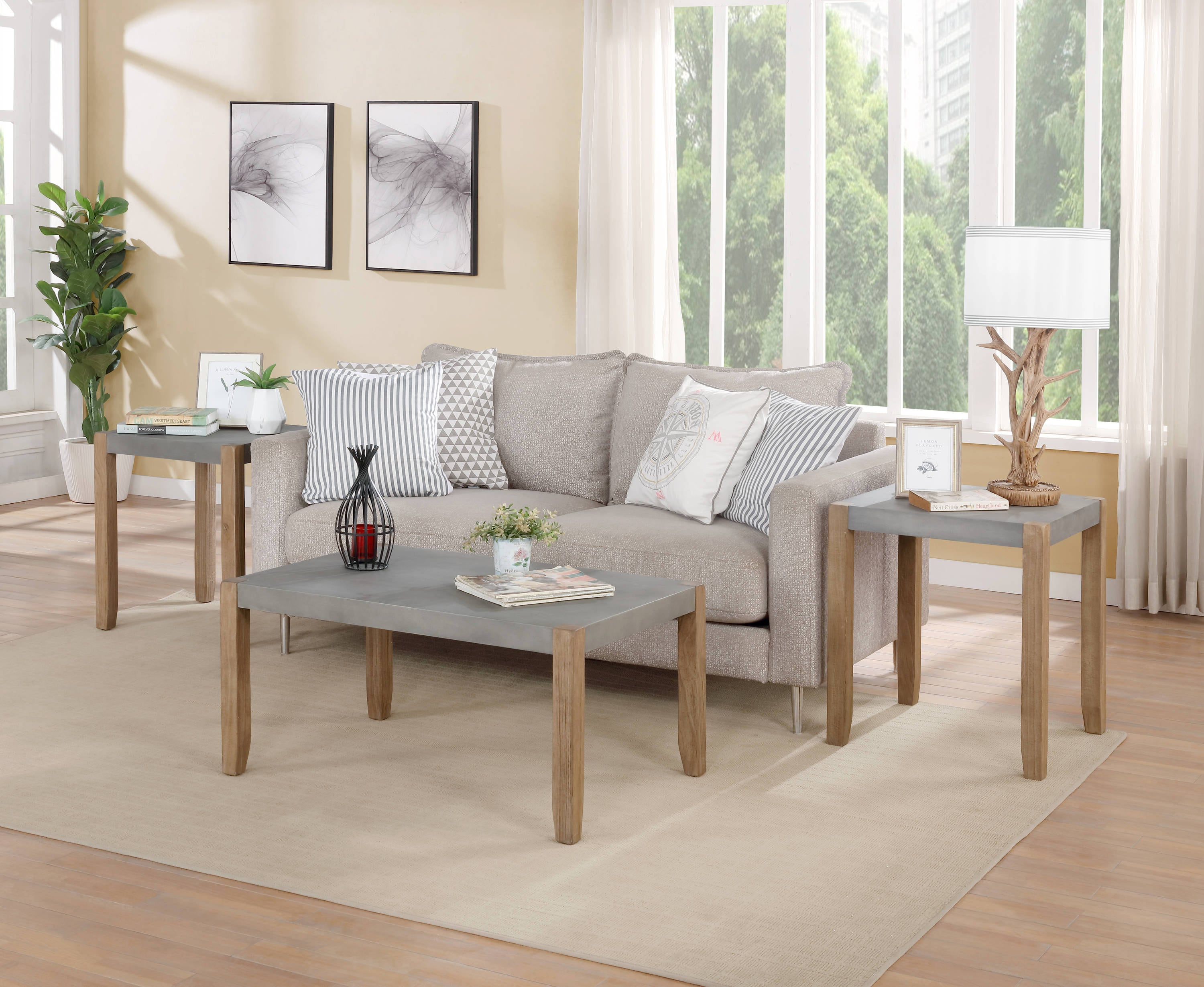 Modern Rustic 36" Faux Concrete and Light Amber Wood Coffee Table
