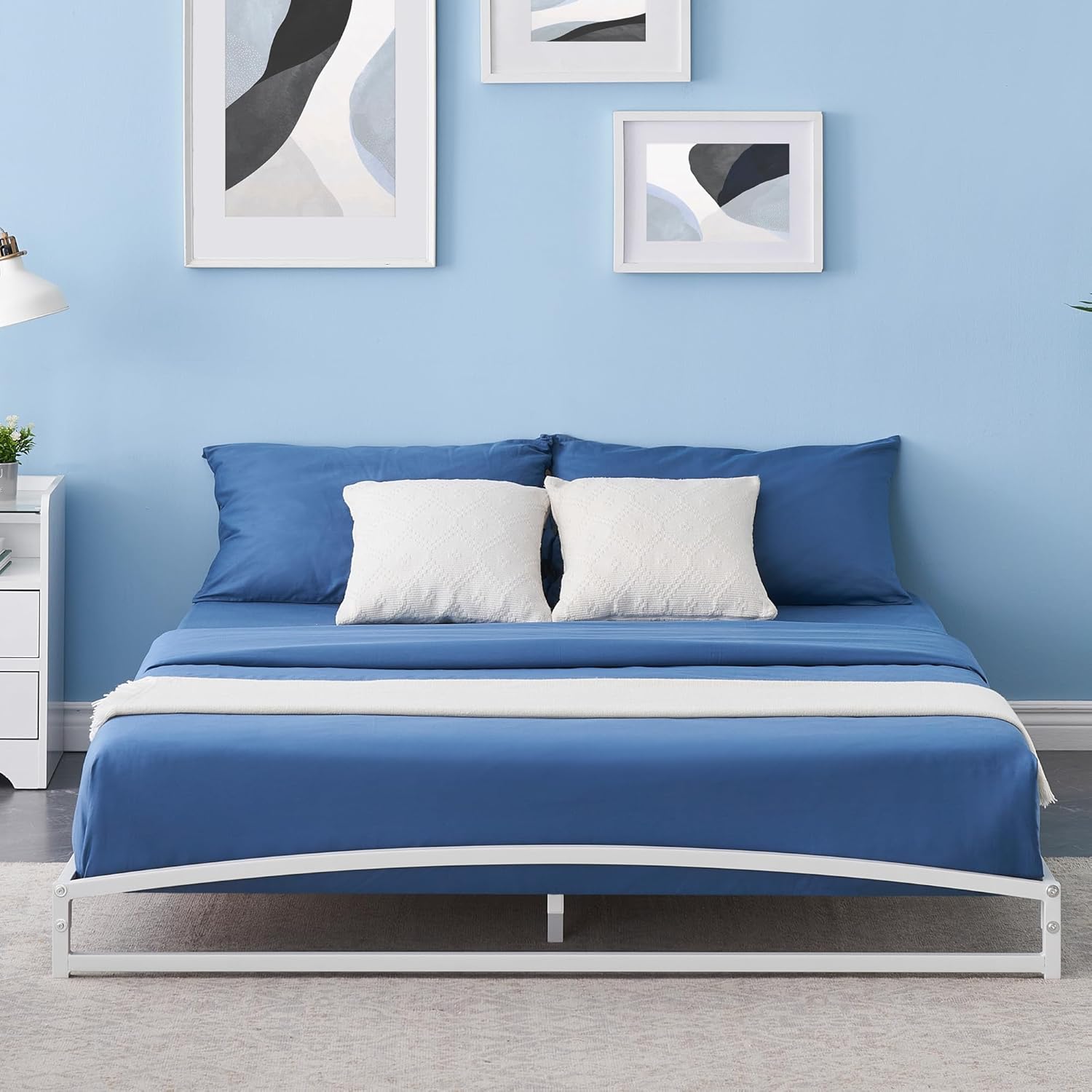 Qeetex LHF-DYQ-PHO-0Y7SW1AN Low Profile Platform Bed Frame Queen Size 6 Inch Metal Bed Frame with Arched Design  Heavy Duty Mattress Foundation Noise Free  No Box Spring Needed White