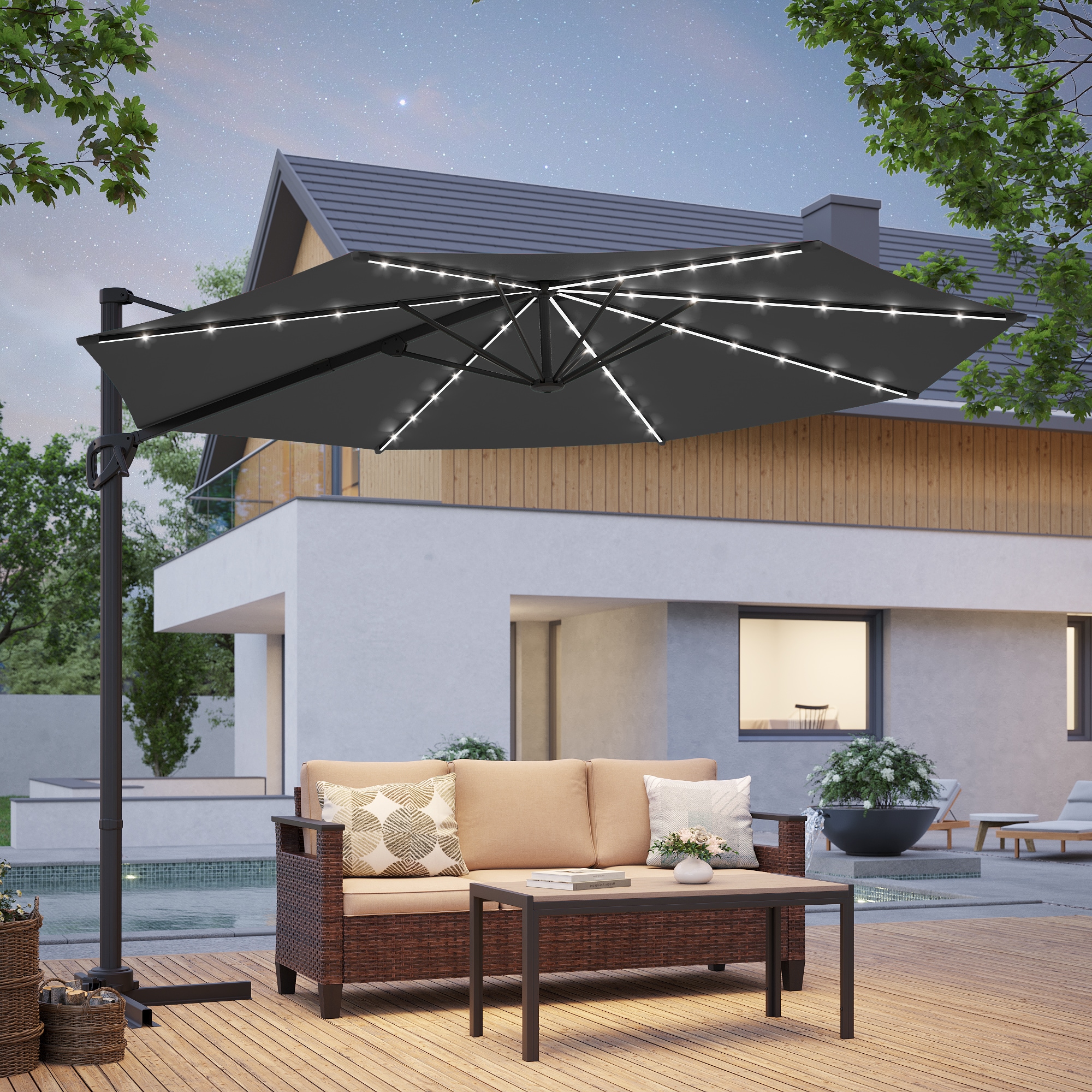 ACEGOSES LW-LED-JC12LY 10-ft Steel Gray No-tilt Cantilever Patio Umbrella with Lights