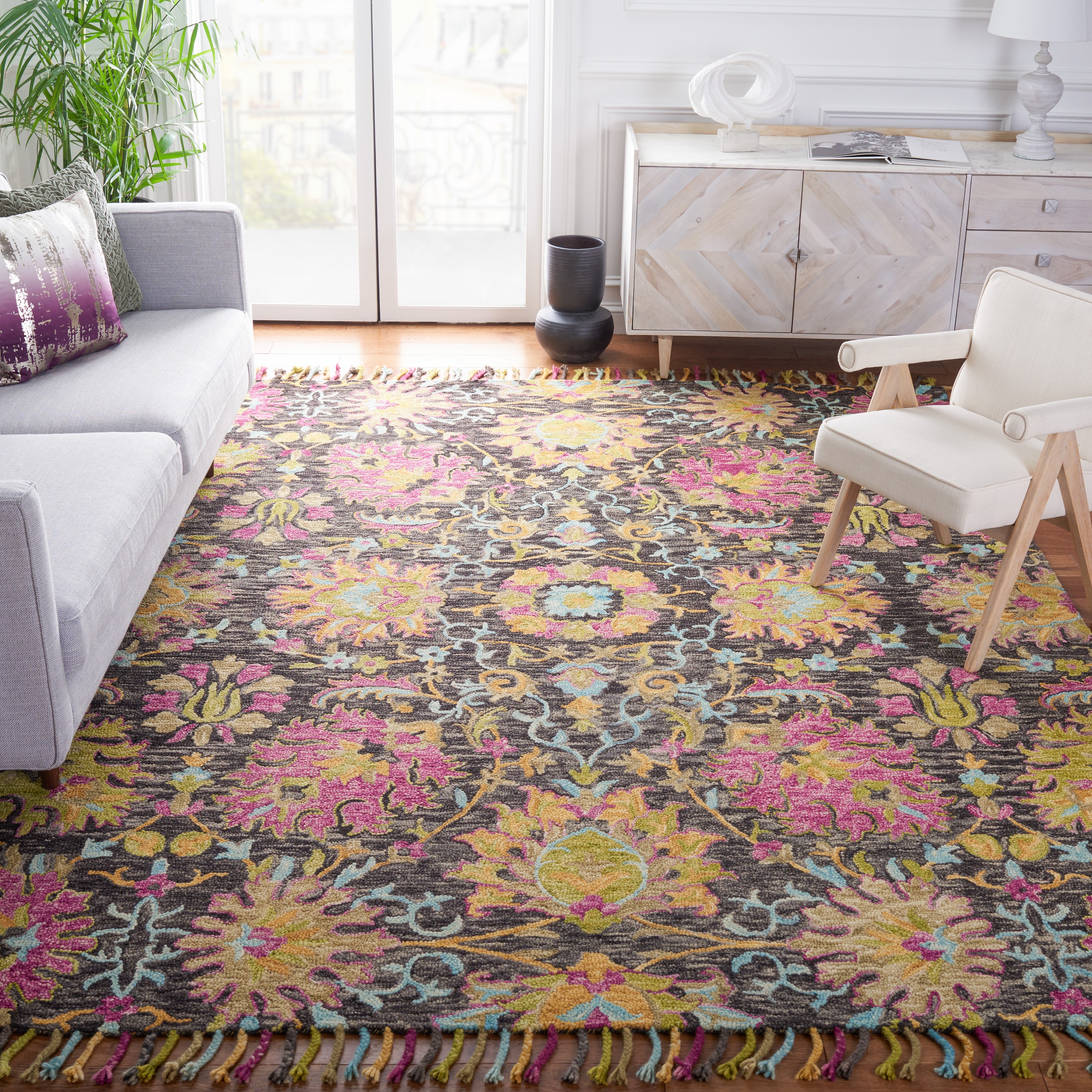 Handmade Tufted Floral Wool Blend 8' x 10' Area Rug in Charcoal/Multi