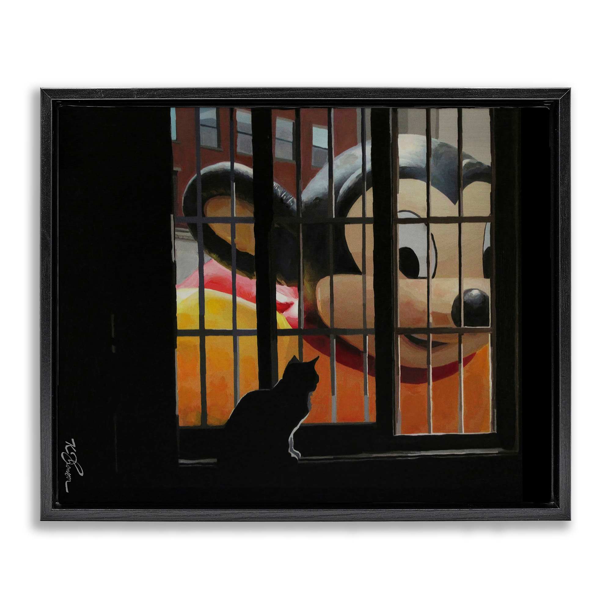 Stupell Industries BS-818-FFB-24X30 Mouse Character Peering at Cat Black Framed Floater Canvas Wall Art By Keith Thomson 31 x 25