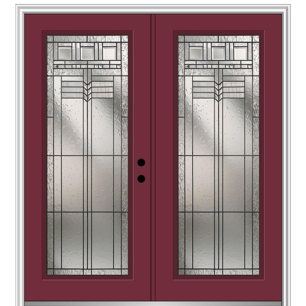 MMI DOOR ZZ3665210L 72-in x 80-in x 6-9/16-in Fiberglass Full lite Left-hand inswing Burgundy Painted Prehung Double Front Door with Brickmould Insulating core