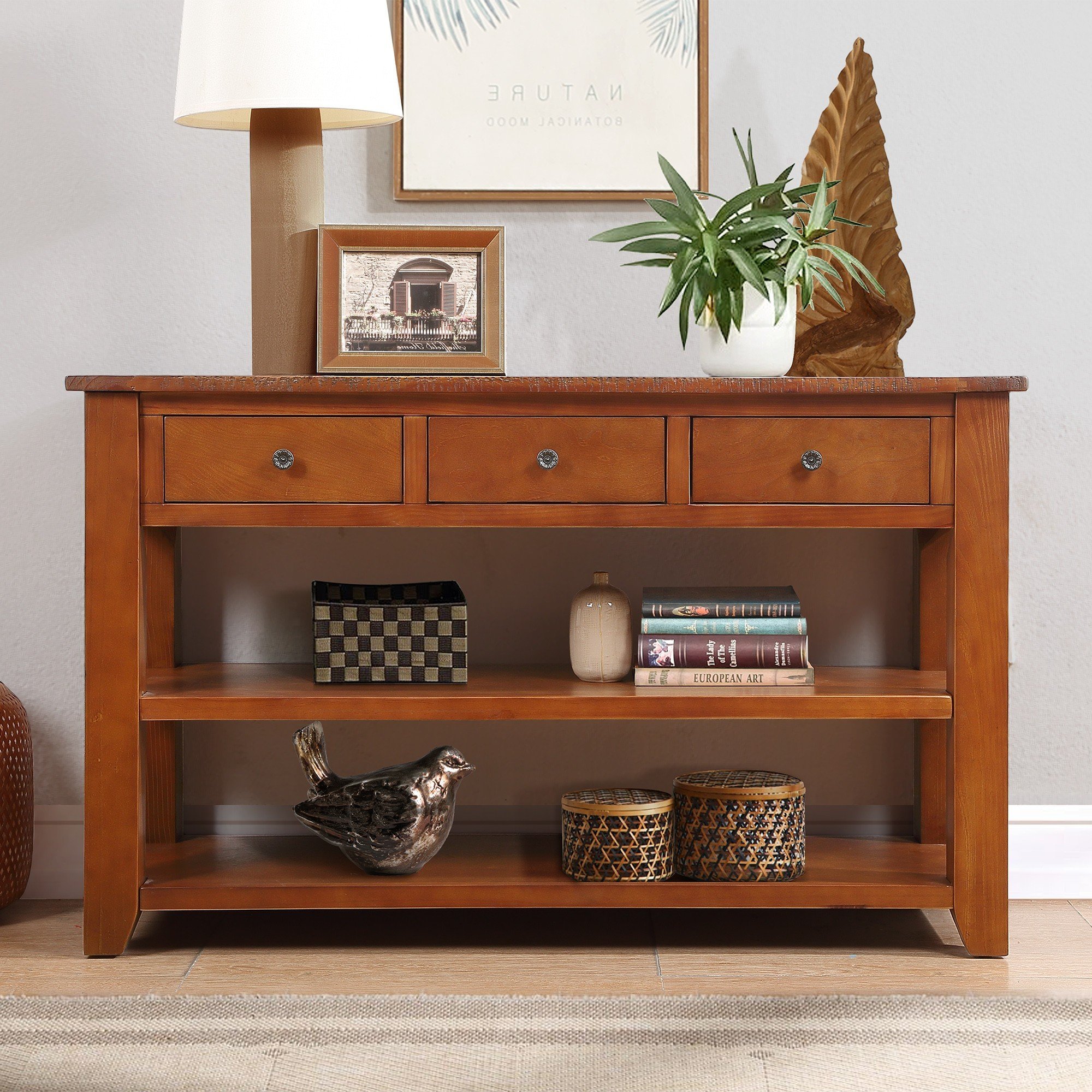 Blisstyle - 48 Inch Solid Pine Wood Top Console Table Modern Entryway Sofa Side Table with 3 Stor...