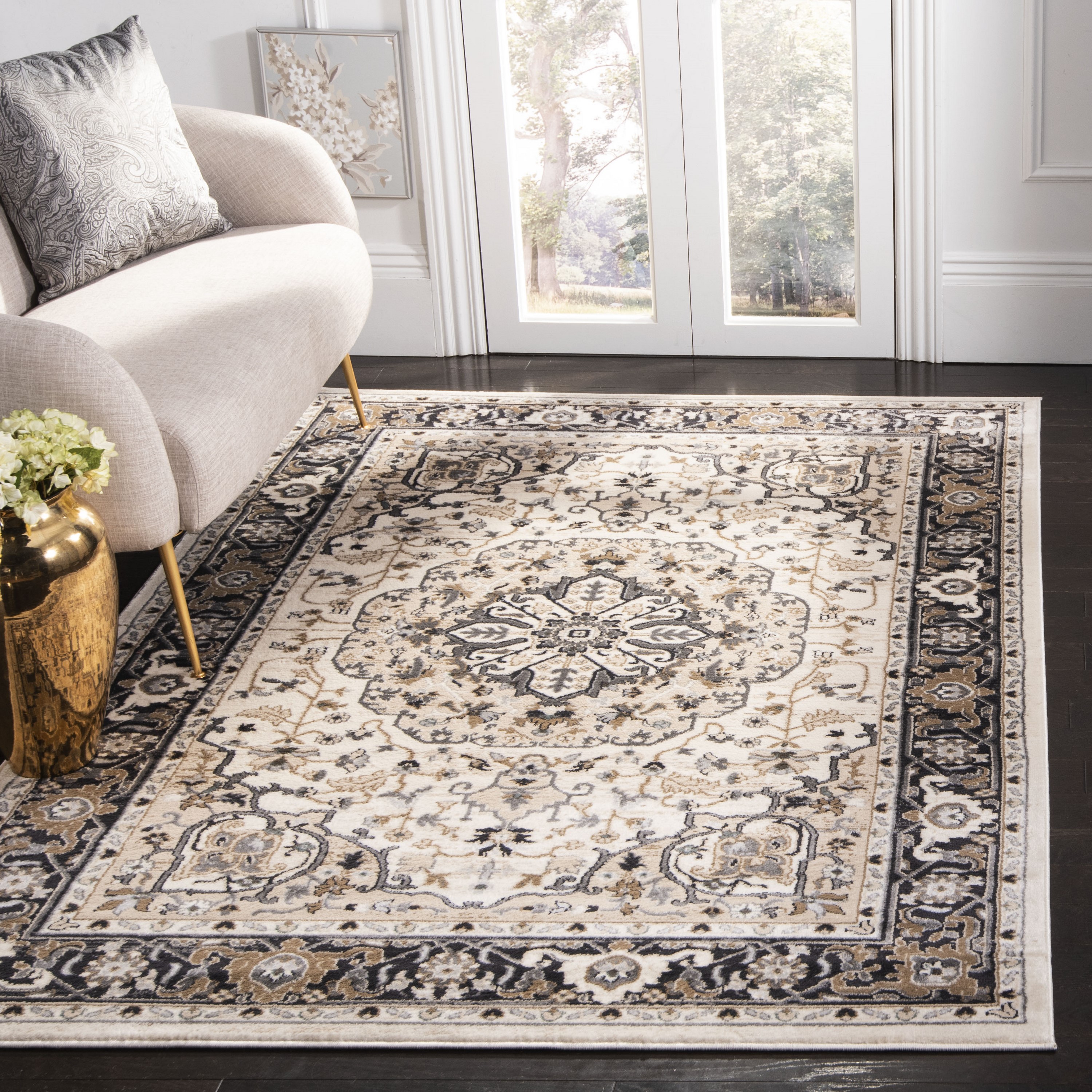 Safavieh LNH334K-3 Lyndhurst Marquois 3 x 5 (ft) Loomed Polypropylene Cream/Navy Rectangular Indoor Floral/Botanical Oriental Throw rug