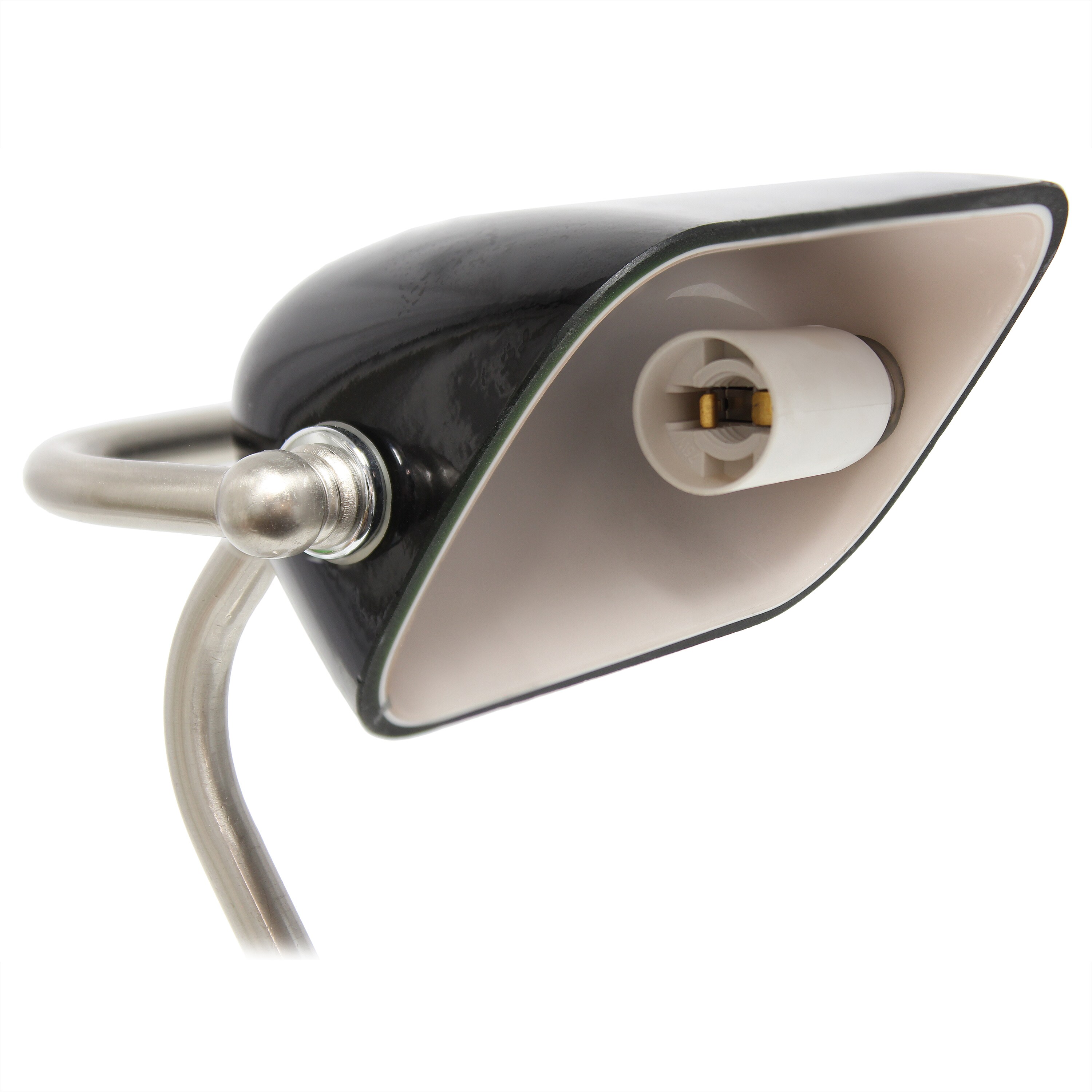 Petite Brushed Nickel Bankers Table Lamp with Black Glass Shade