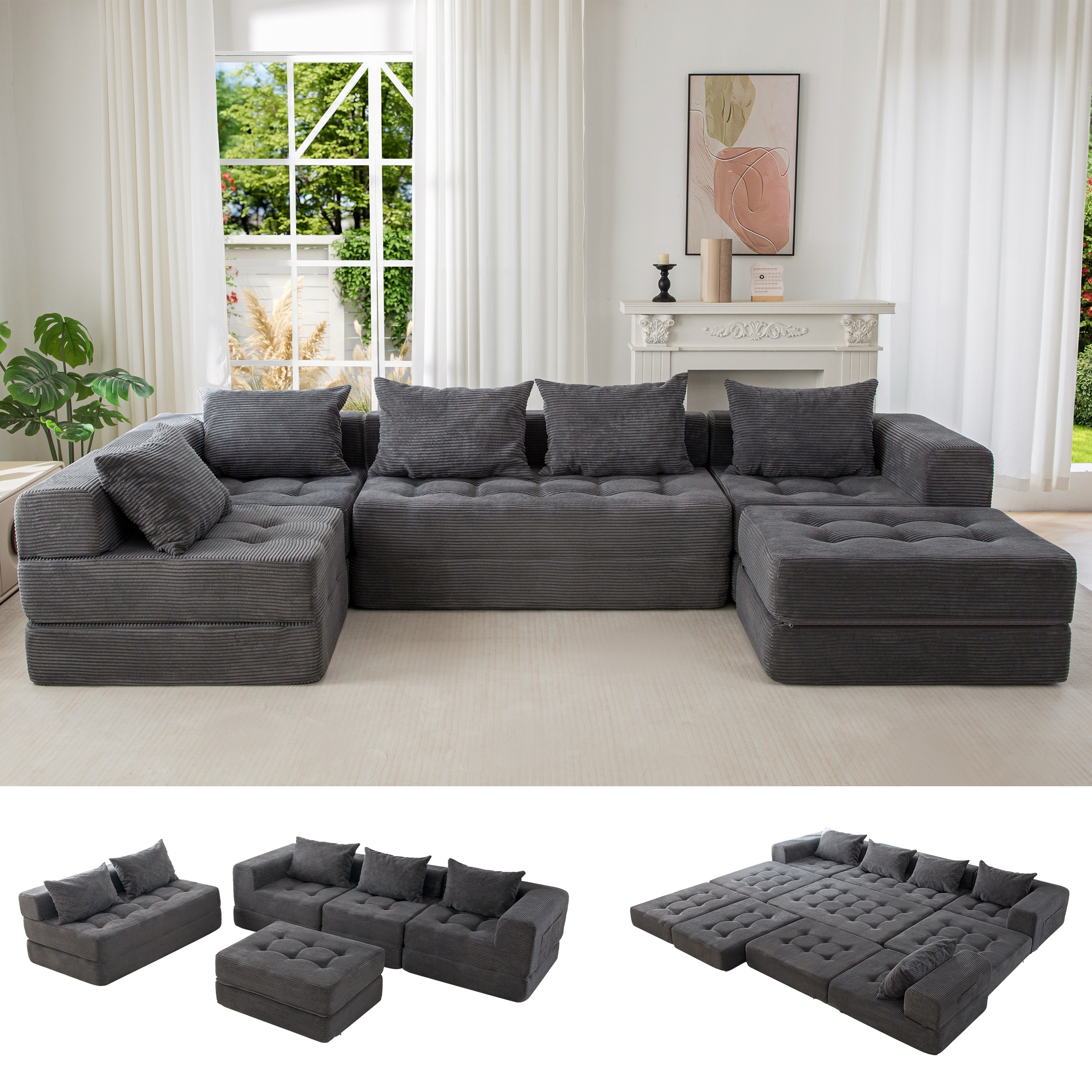 MAXYOYO 125 inch W Modular Sectional Sofa Couch Foldable U Shaped Cloud Couch Tufted Boneless Sleeper Lounger Floor Sofa Bed
