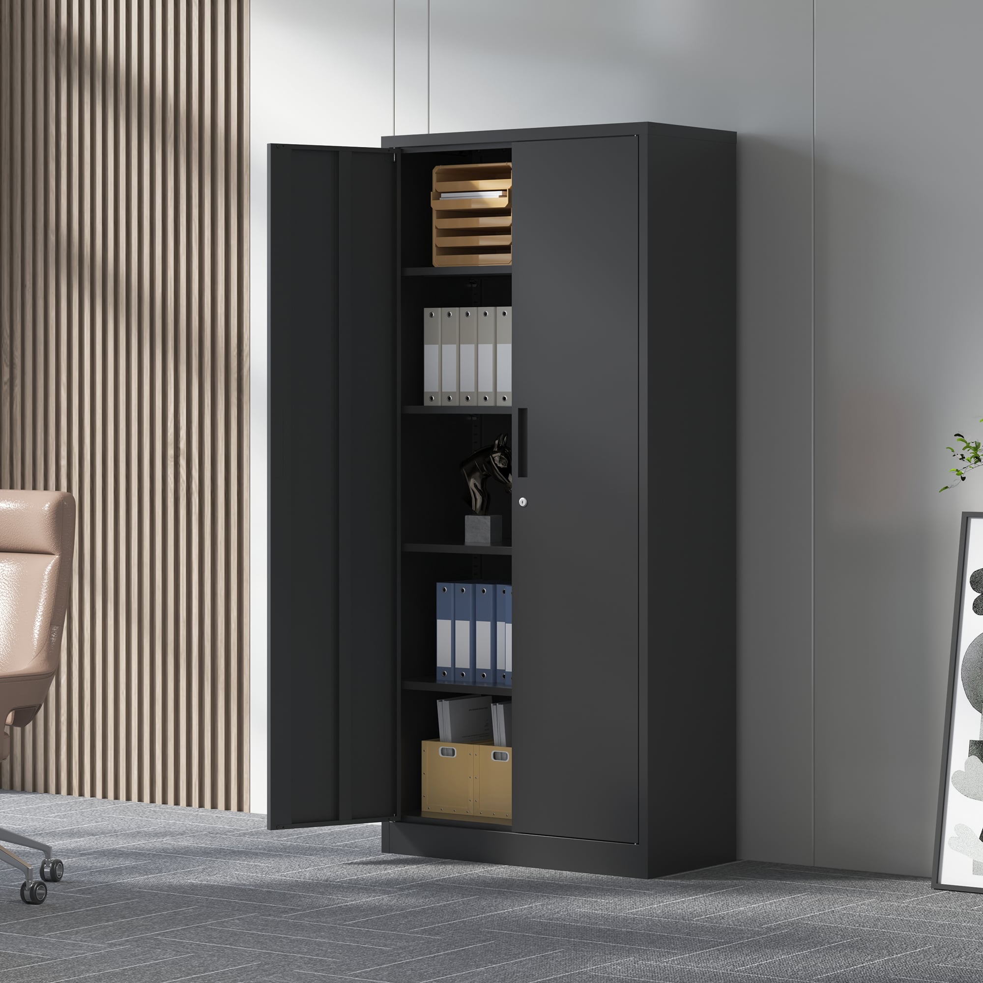 JUSHUA 71inch H black metal garage storage cabinet tool steel locking cabinet with doors 4 shelves for garage home office classroom pantry