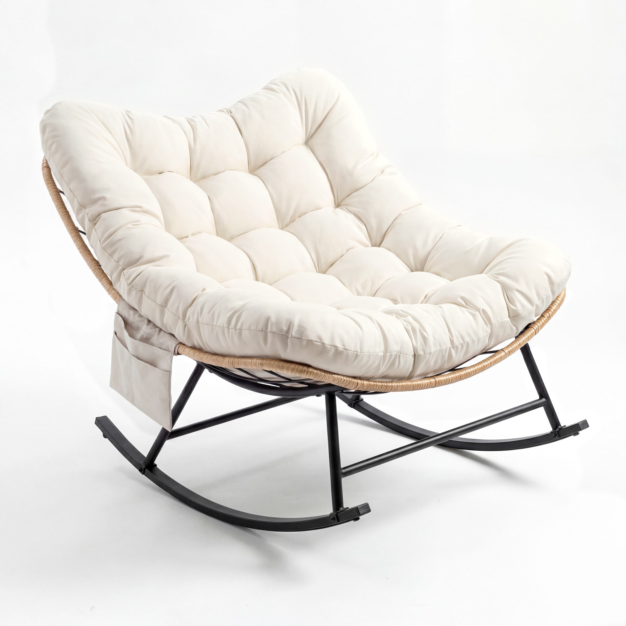 IdealHouse Oversized Outdoor Rocking Chair Heavy-Duty Steel Frame Egg Papasan Weather Resistant Yellow Rattan Thick Removable Gray Cushion Ergonomic Arc Leg Easy Assembly Single Arc Foot Yellow Rattan and Gray Cushion #LW-JAS-2S2P