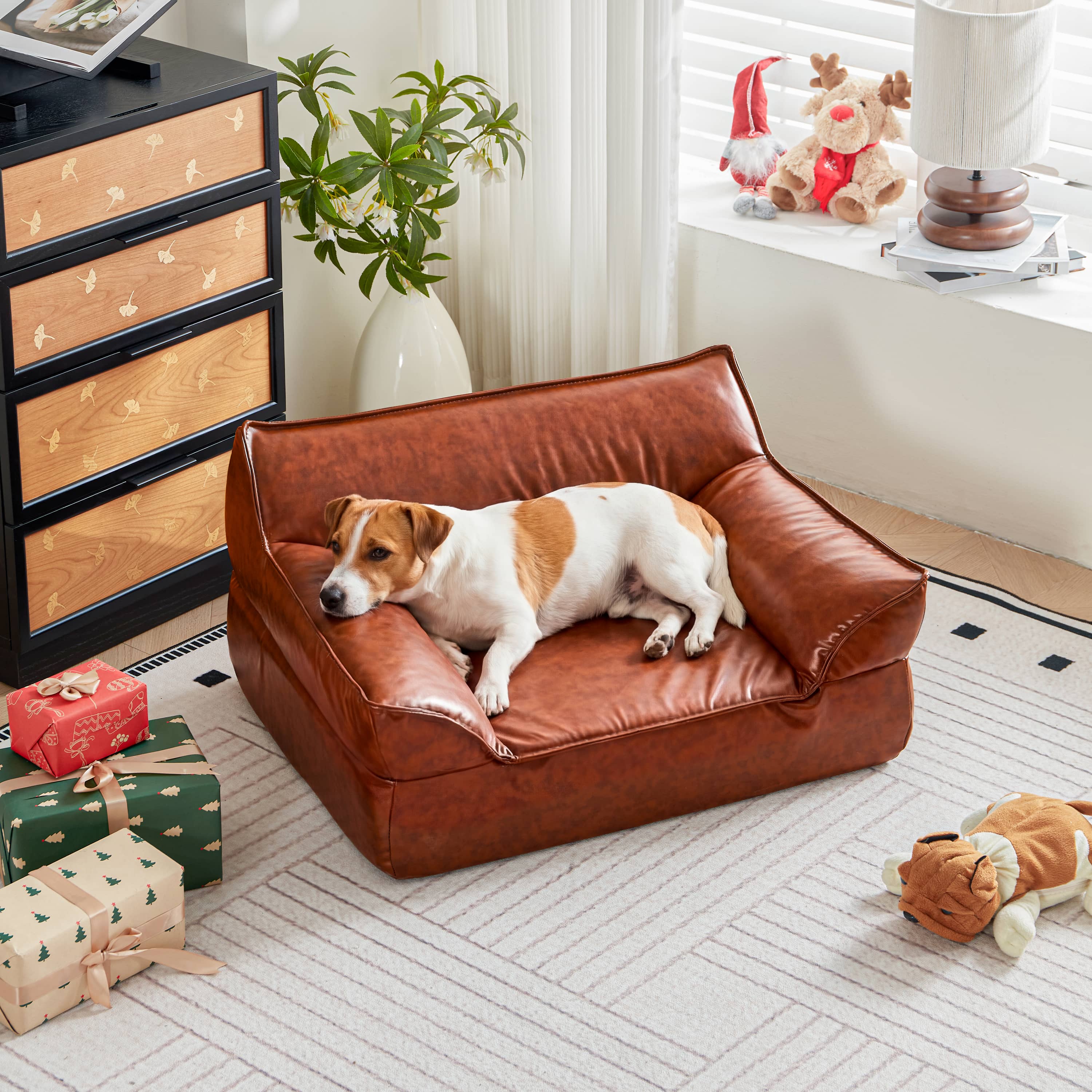 ATJafurn Leather Dog Bed Couch for Small and Medium Dogs Under 50 lbs - Brown Mid Century Modern Elevated Cat Sofa Chair Luxurious Indoor Furniture Style Pet Supplies for Puppy