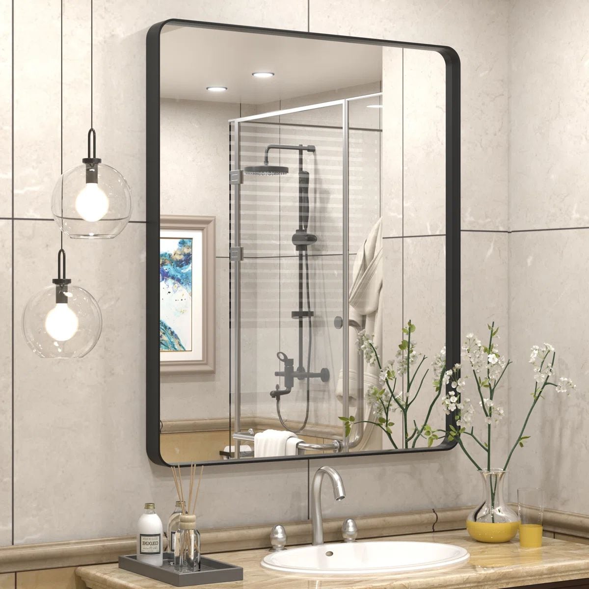 Blisstyle Tempered Glass Horizontally and Vertically 30-in x 36-in Polished Rectangle Bathroom Vanity Mirror ( Matte Black )